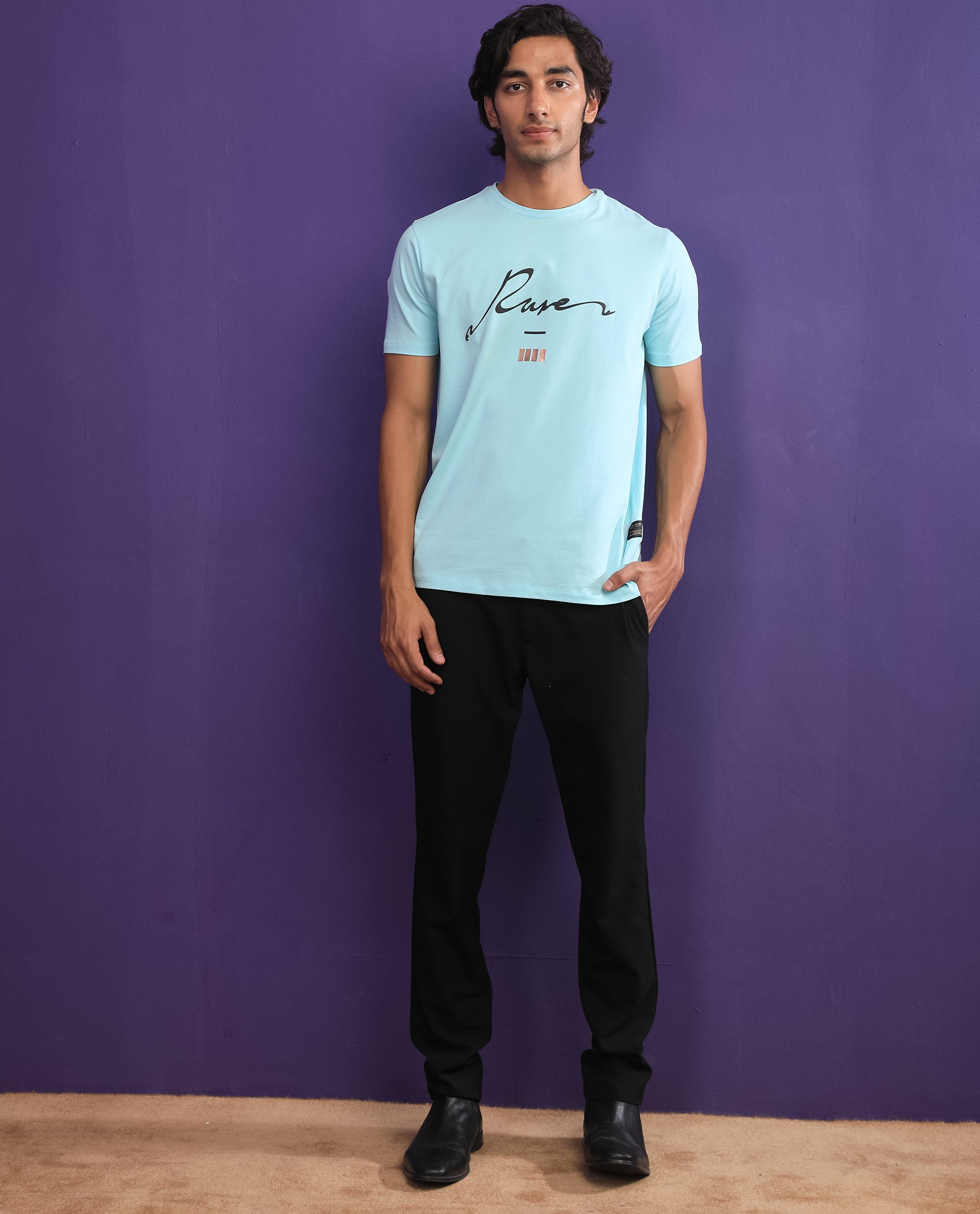 Rare Rabbit Men's Italicc Blue Crew Neck Branded Signature Half Sleeves Slim Fit T-Shirt