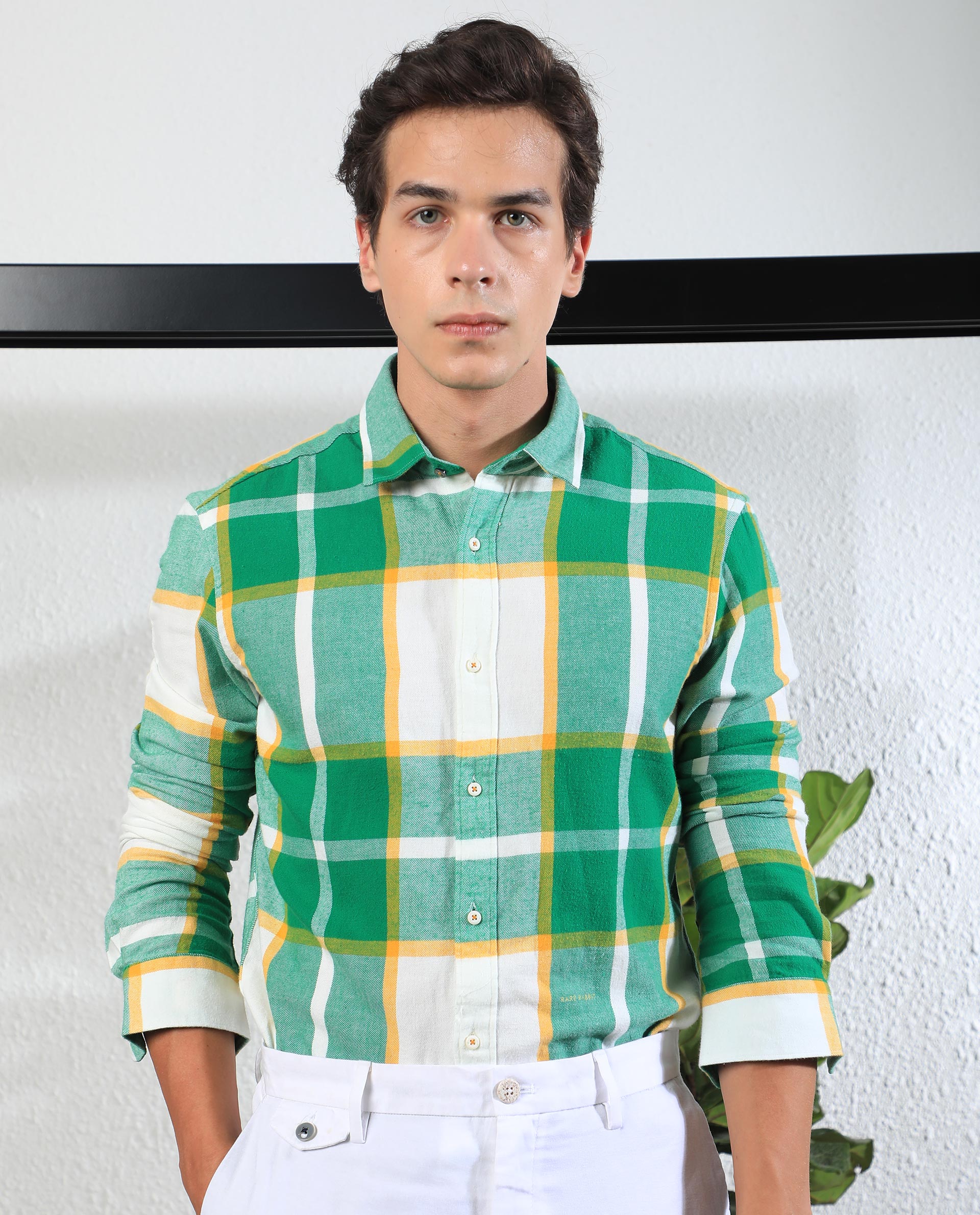 Rare Rabbit Men's Rayo Green Cotton Fabric Full Sleeves Twill Checks Shirt