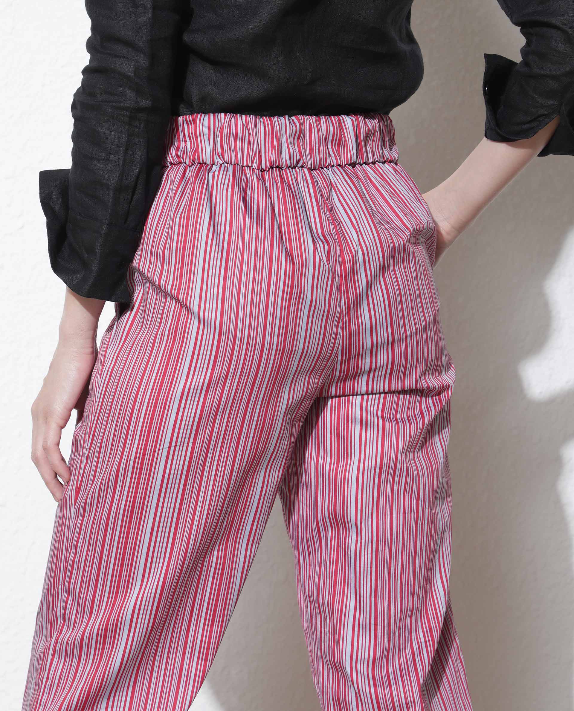 Rareism Women Xavi Maroon Cotton Fabric Drawstring Closure Tailored Fit Striped Ankle Length Trousers