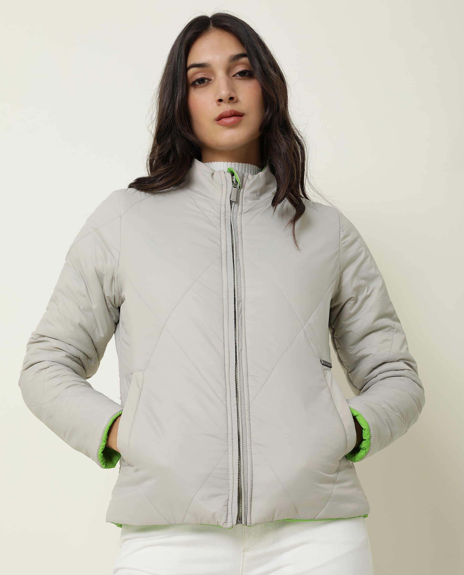 Rareism Women Cora Light Green Polyester Fabric Full Sleeves Solid High Neck Jacket