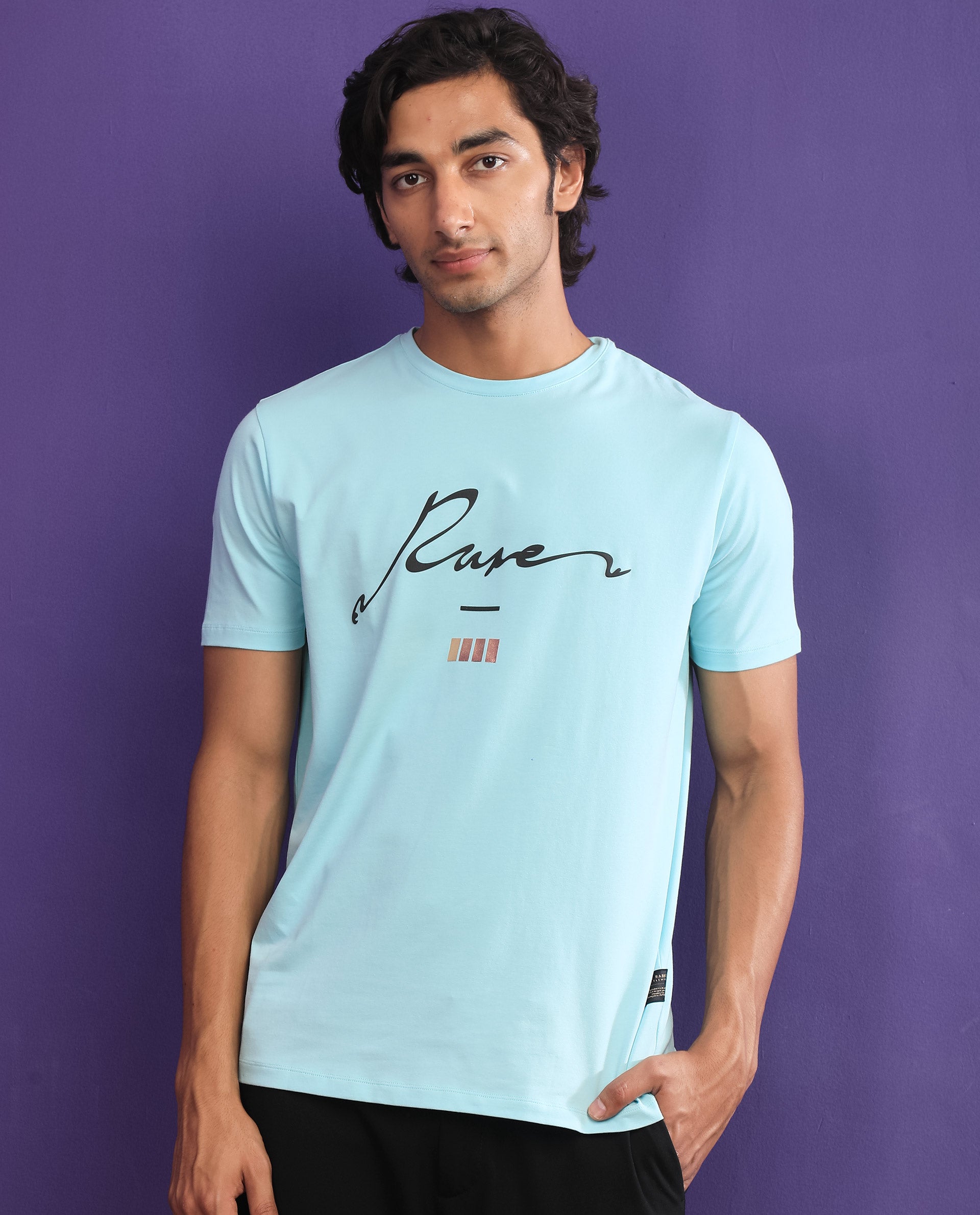 Rare Rabbit Men's Italicc Blue Crew Neck Branded Signature Half Sleeves Slim Fit T-Shirt