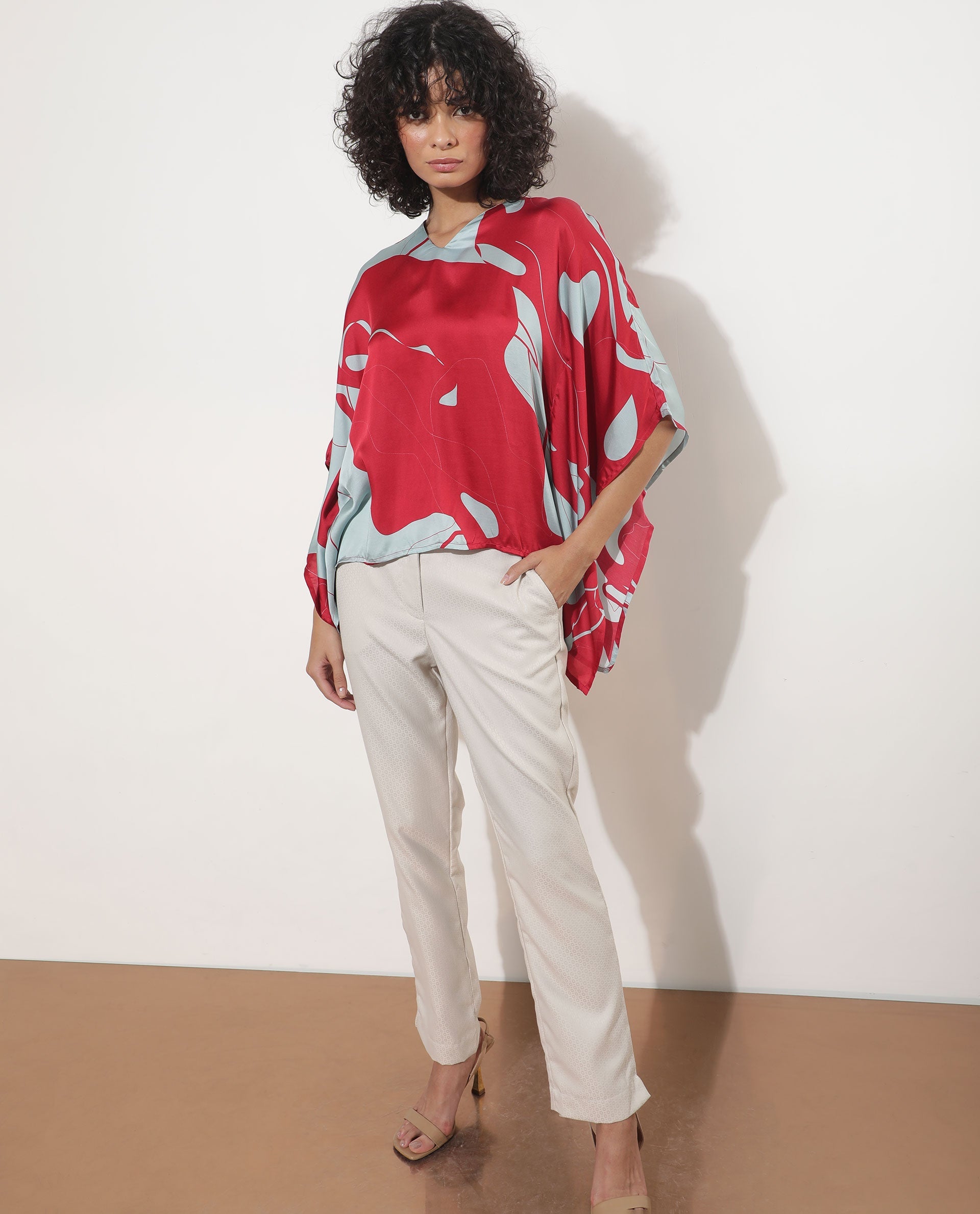 Rareism Women Alyse Maroon Modal Fabric Regular Fit V-Neck Half Sleeves Abstract Print Top