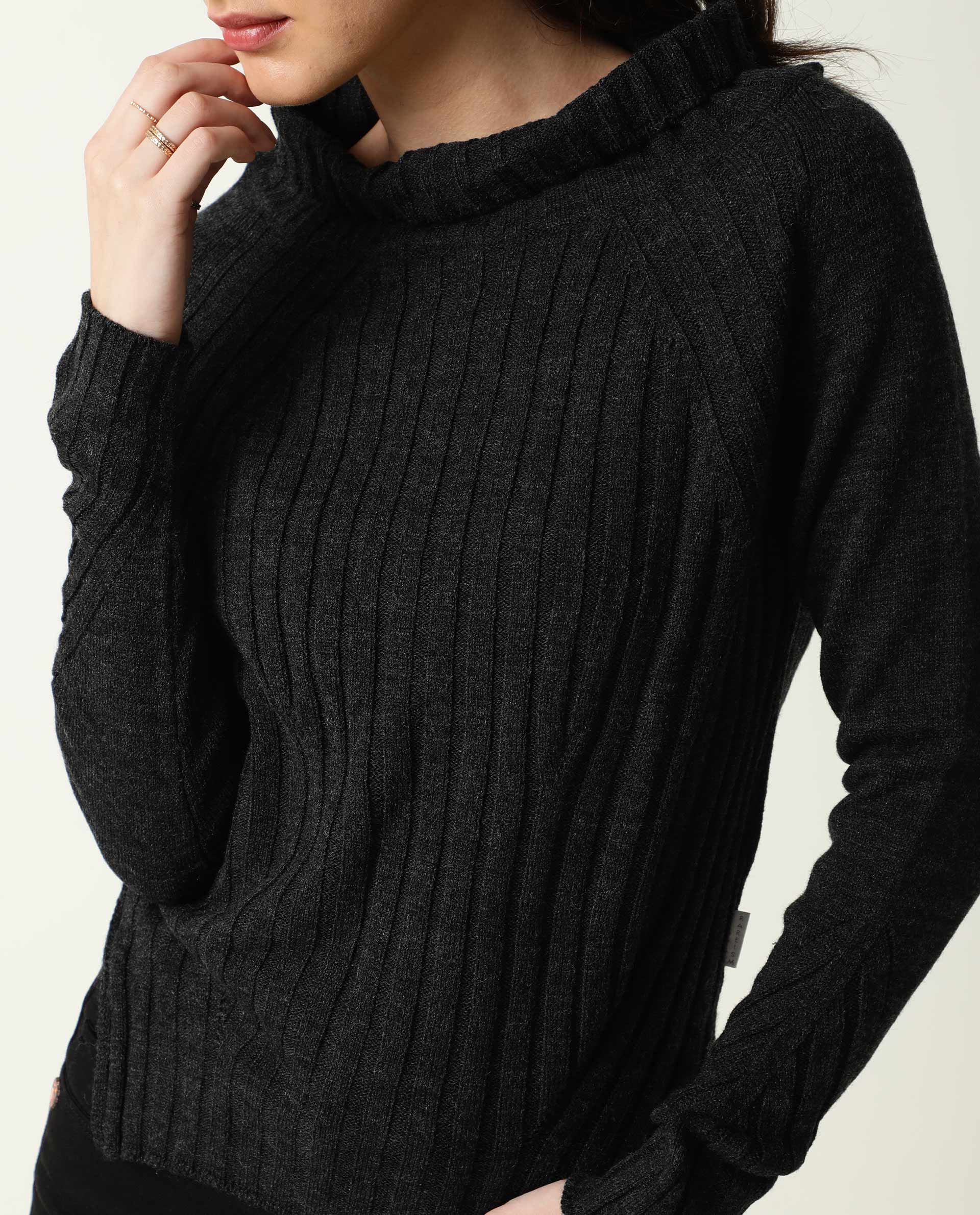 Rareism Women Halo Black Acrylic Fabric Full Sleeves Regular Fit Solid High Neck Sweater