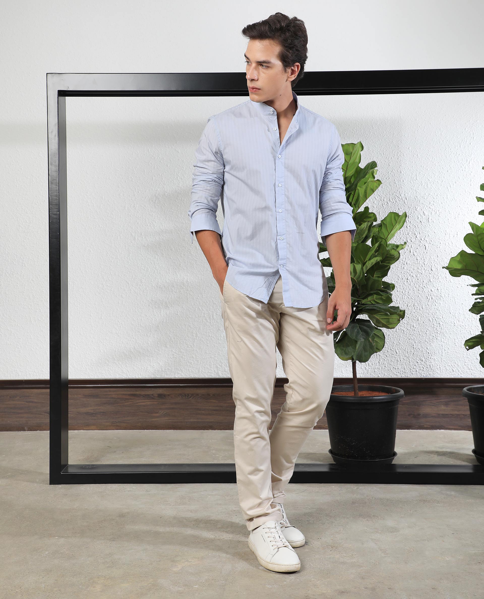 Rare Rabbit Men's Barss Blue Cotton Fabric High-Neck Mandarin Collar Full Sleeves Striped Shirt