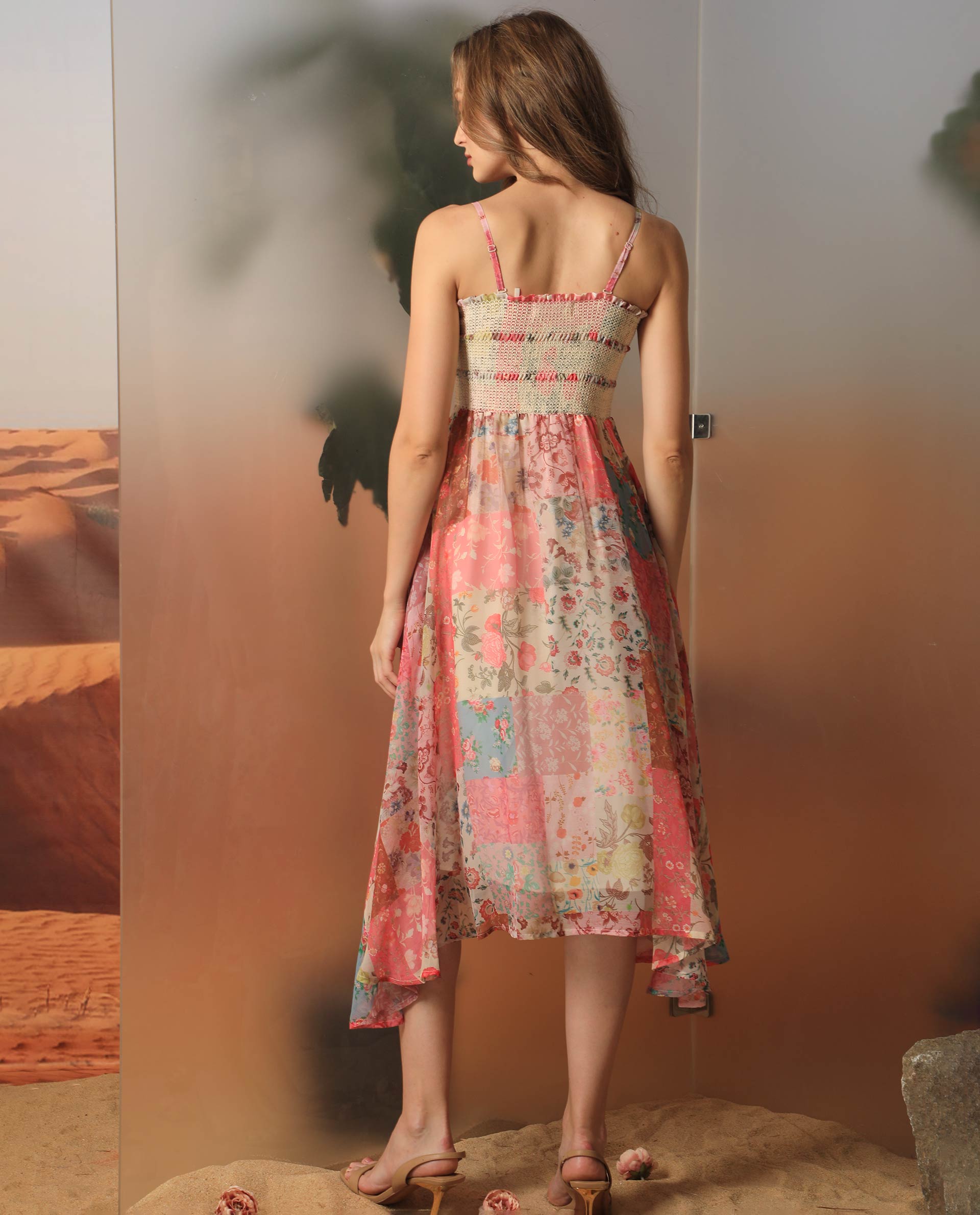 Rareism Women Louiza Multi Polyester Fabric Sleeveless Shoulder Straps Regular Fit Floral Print Knee Length Empire Dress