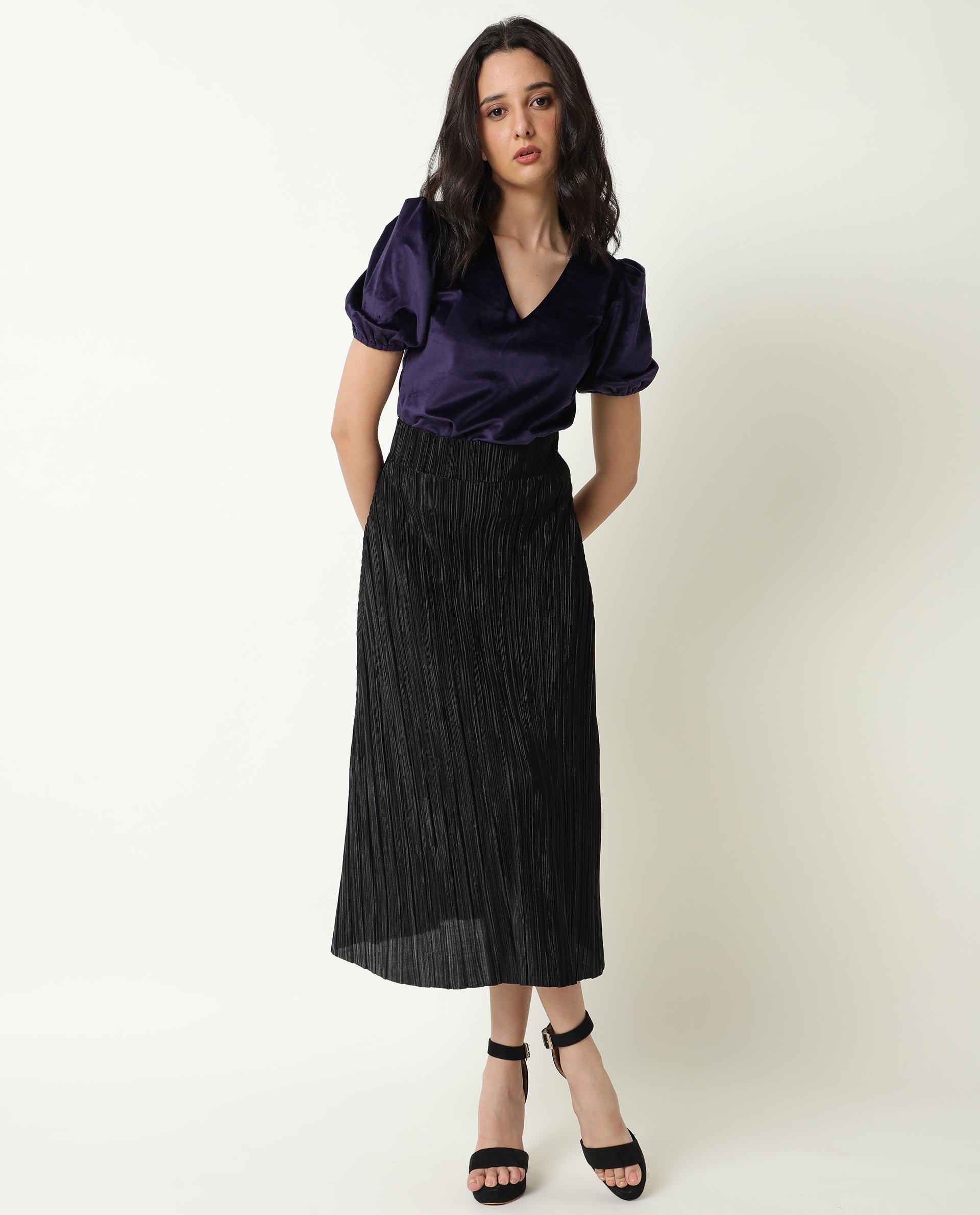 Rareism Womens Mun Navy Top Suede Fabric  Half Sleeve V Neck