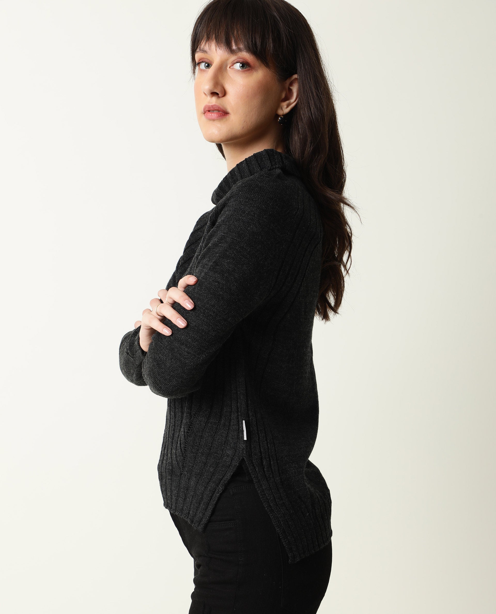 Rareism Women Halo Black Acrylic Fabric Full Sleeves Regular Fit Solid High Neck Sweater