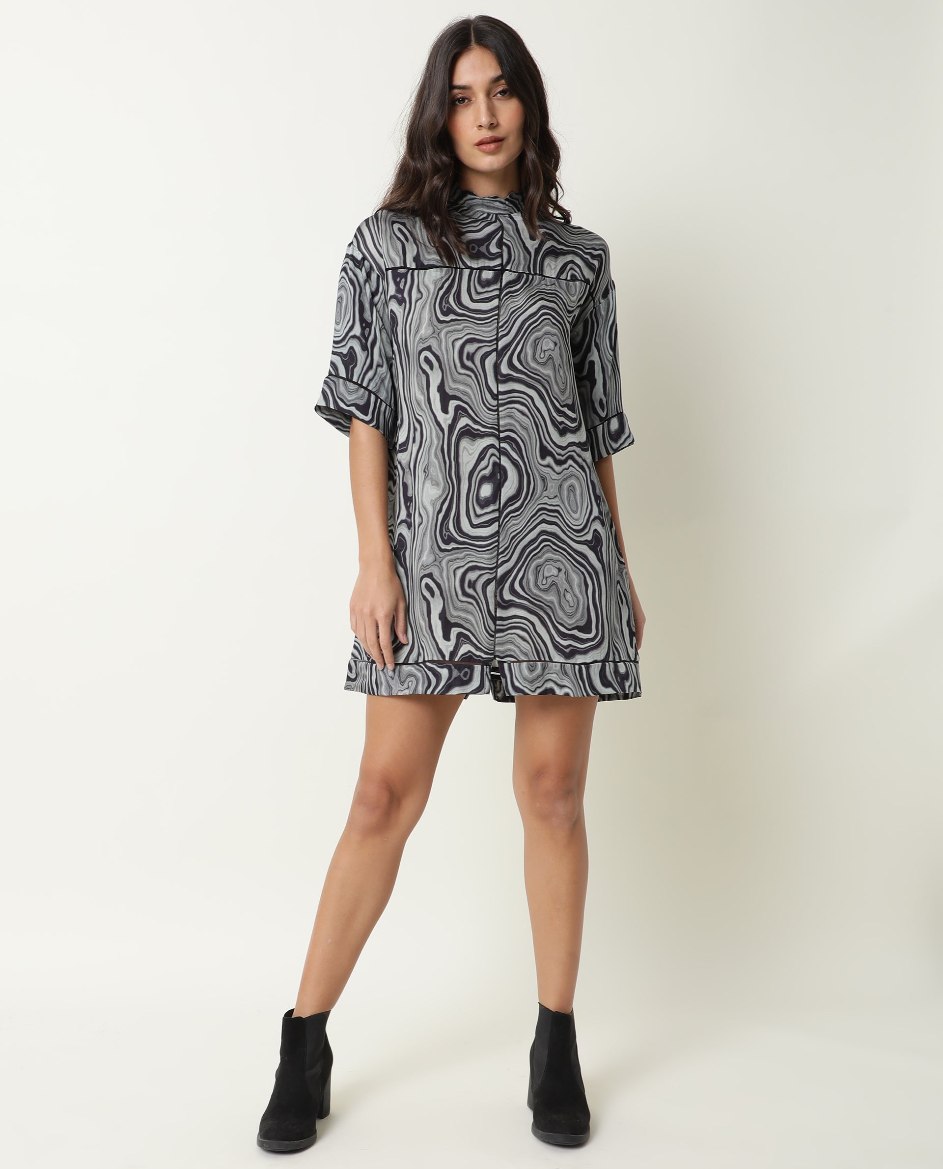 Rareism Women Favor Black Abstract Print High Neck Half Sleeves Mini Dress
