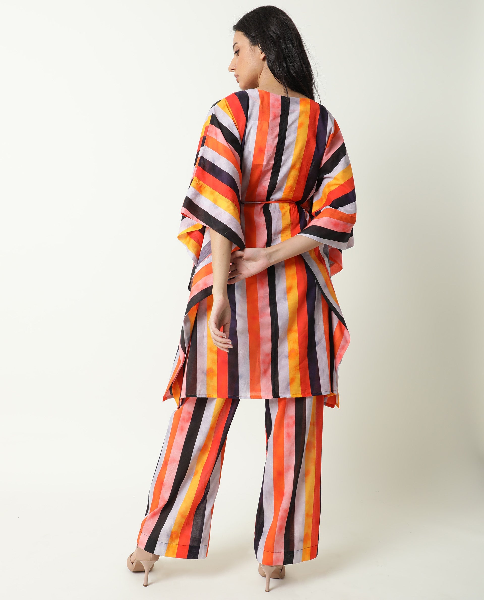 Rareism Women Fact Multi Abstract V Neck Tie Up At Neck And Waist Kaftan Knee Length Dress