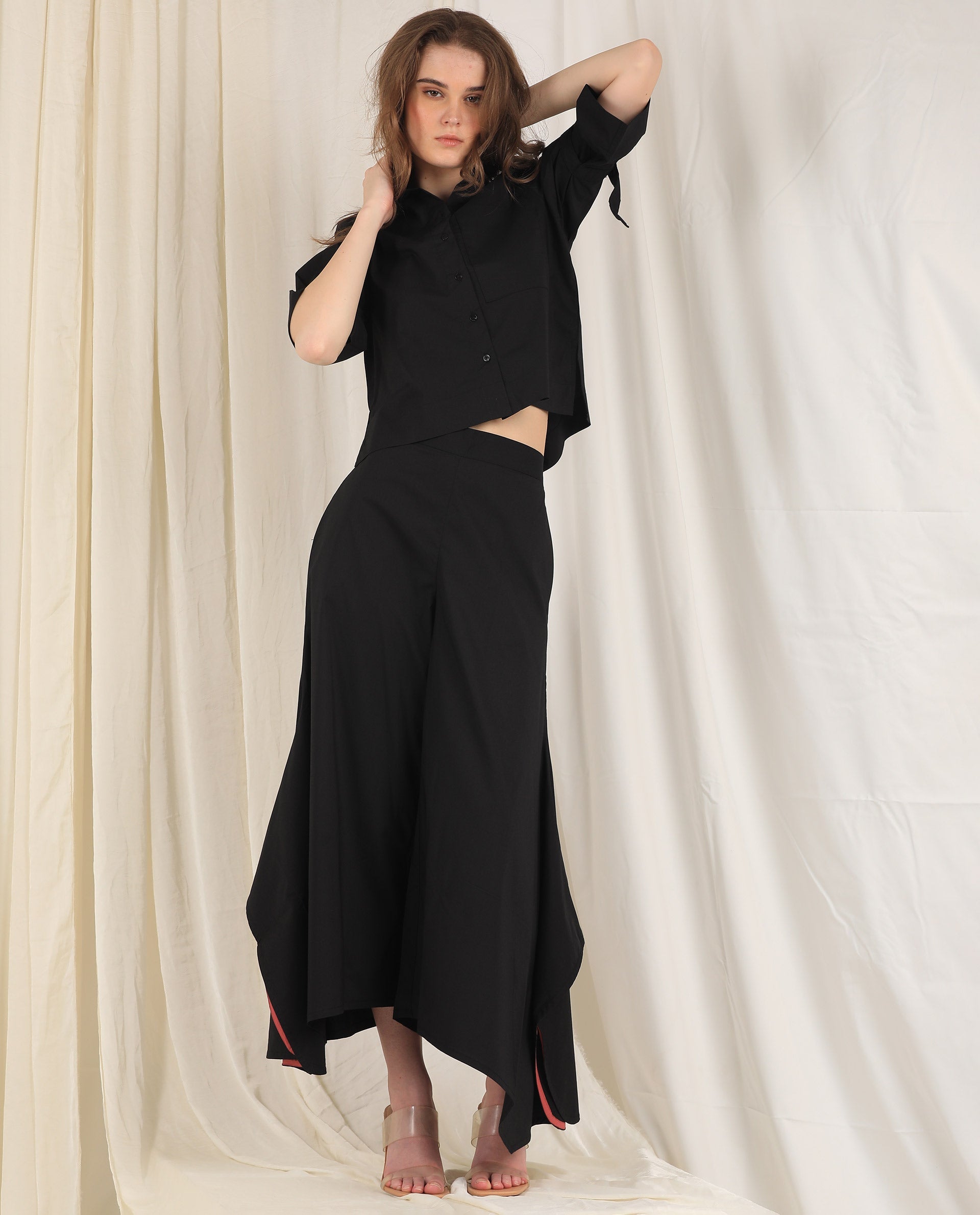 Rareism Womens Sendai Black Top Poly Lycra Fabric Regular Fit Half Sleeve Collared Neck