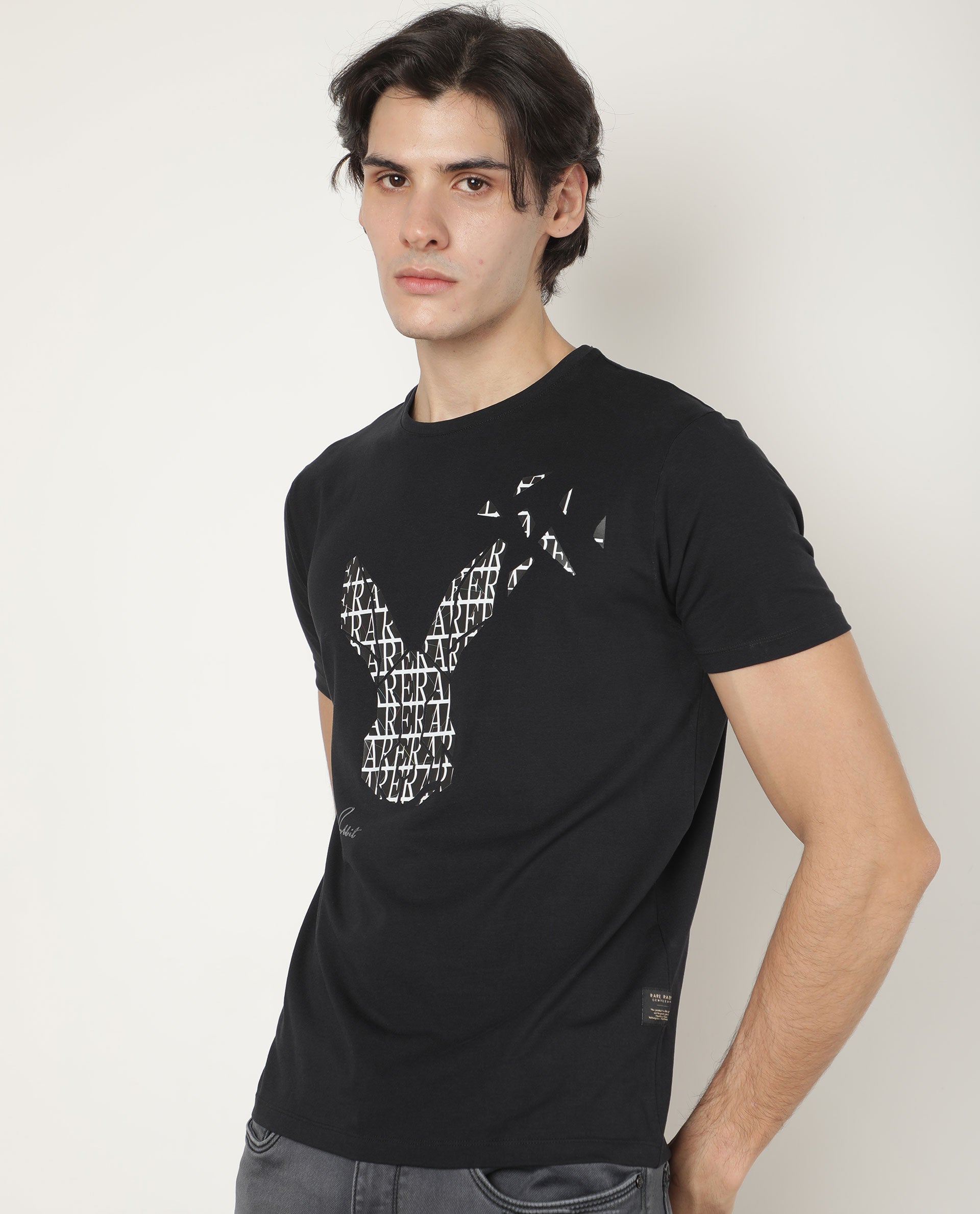 Rare Rabbit Men's Lassoo Grey Crew Neck Graphic Printed Half Sleeves Slim Fit T-Shirt