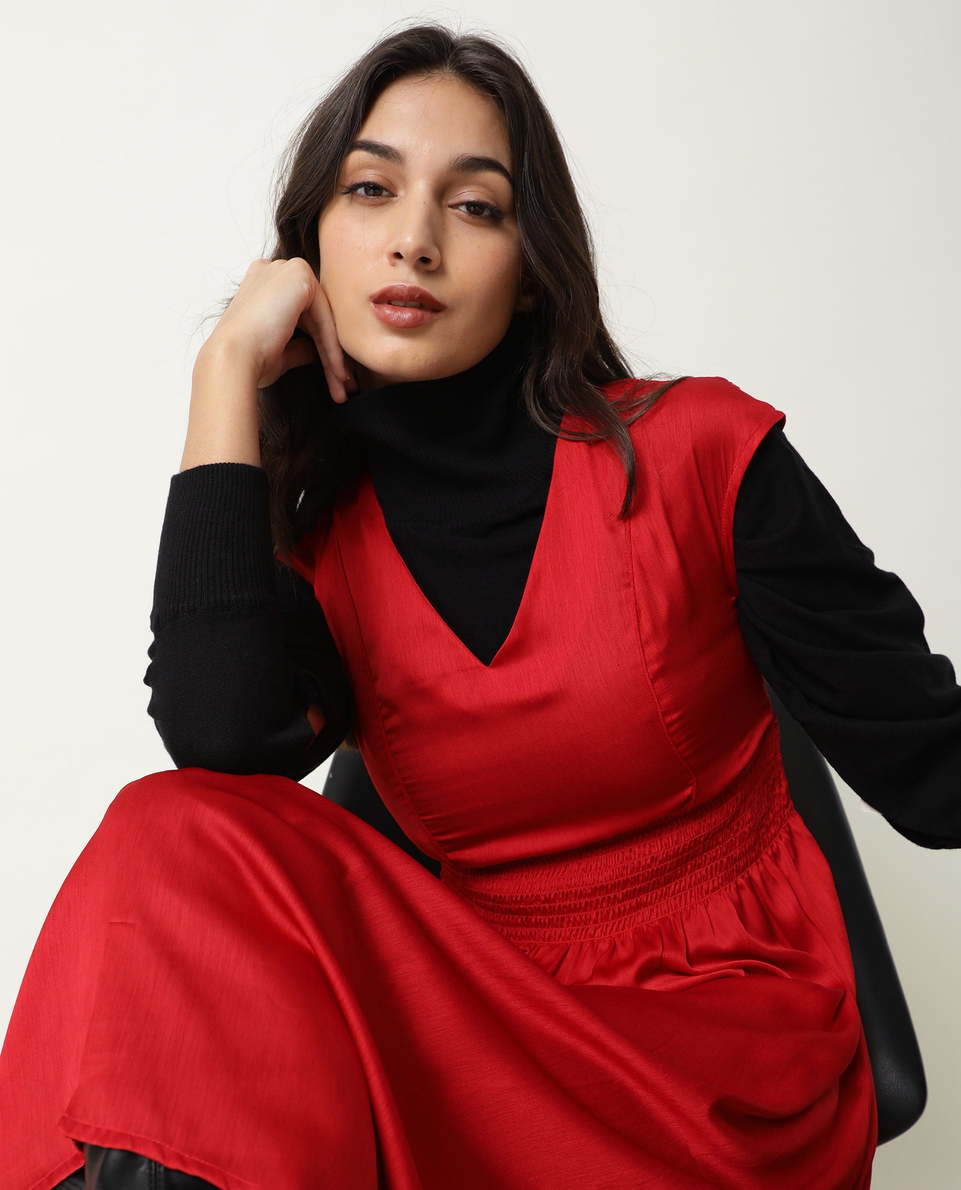 Rareism Women Milux Red V Neck Calf Sleeves Smocking Waist Knee Length Dress