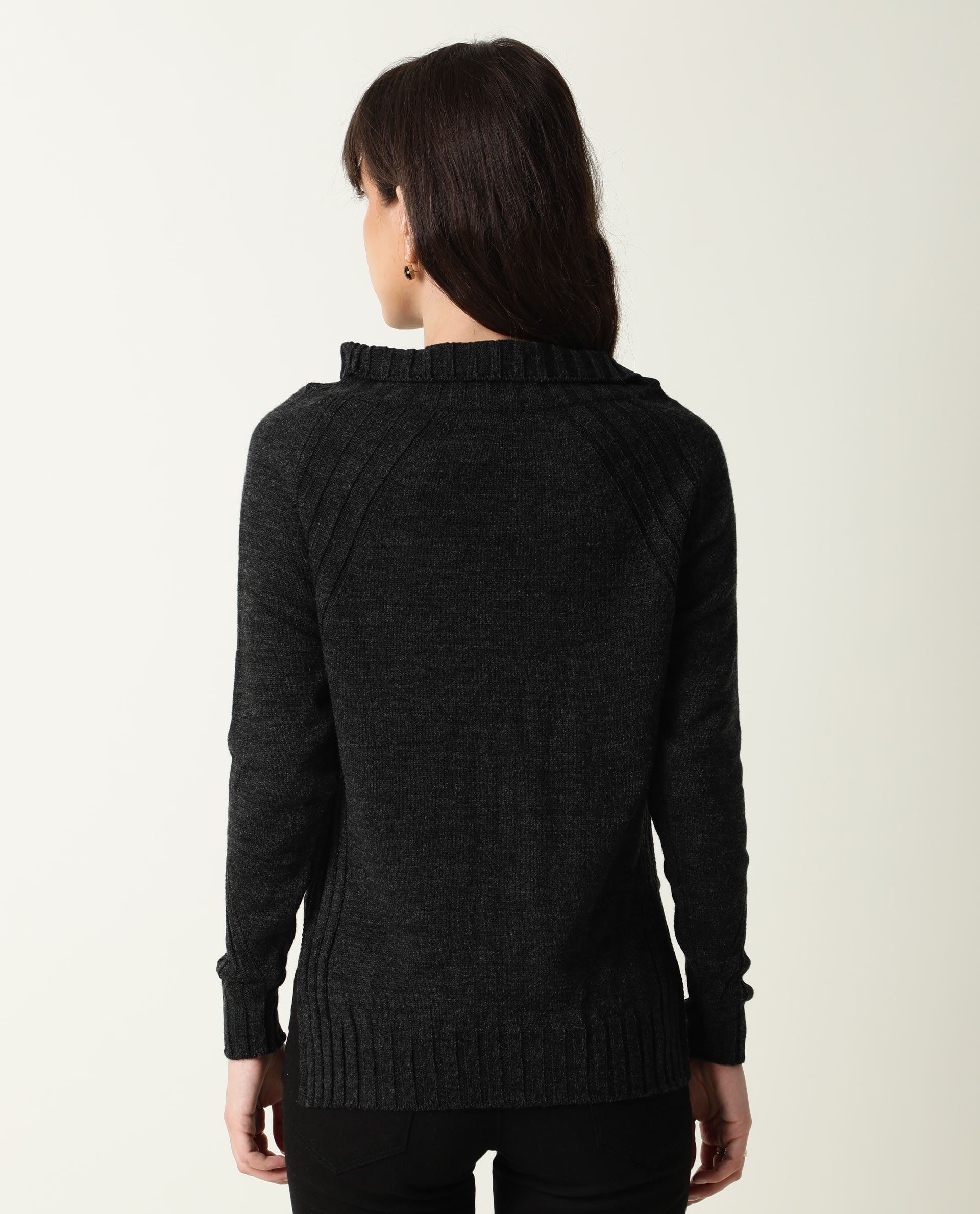 Rareism Women Halo Black Acrylic Fabric Full Sleeves Regular Fit Solid High Neck Sweater