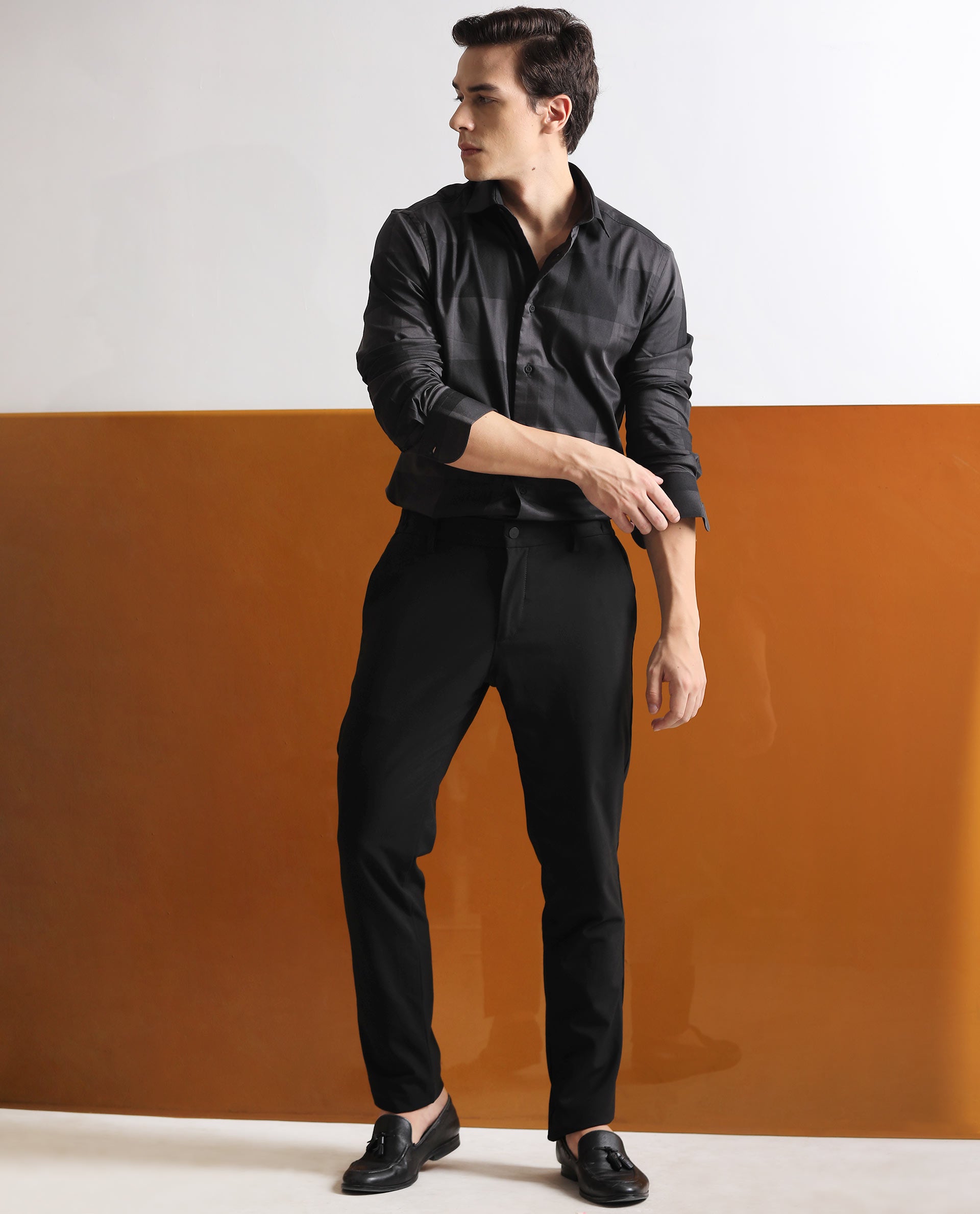 Rare Rabbit Men's Santhe Black Cotton Lycra Fabric Full Sleeves Regular Fit Tonal Checks Shirt