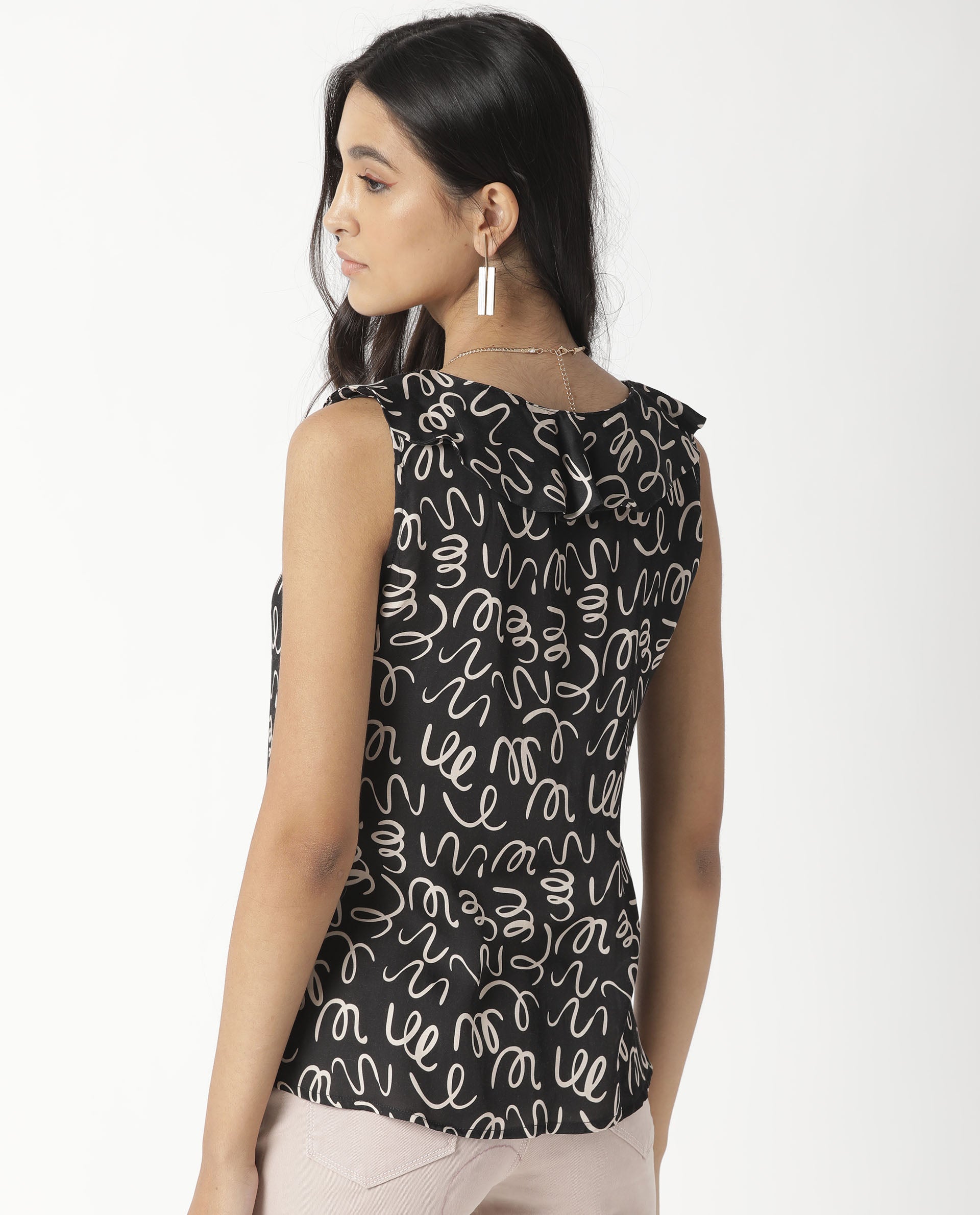 Rareism Women Curls Black Modal Satin Fabric Tailored Fit V-Neck Sleeveless Abstract Print Top