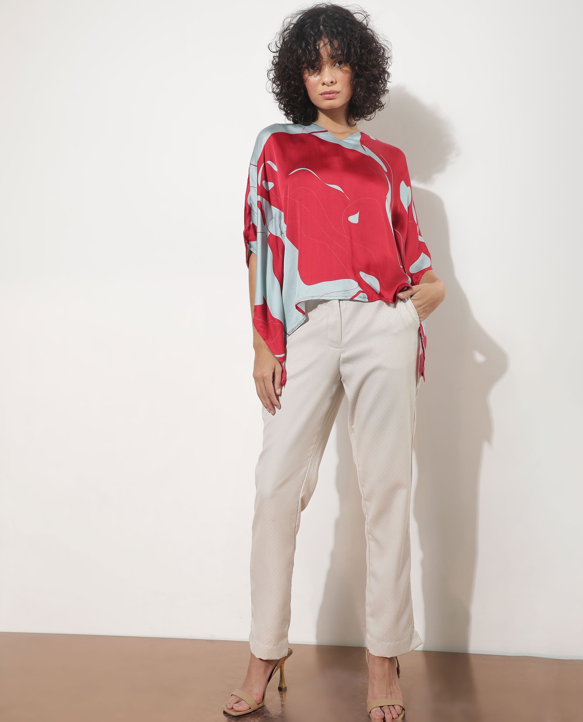 Rareism Women Alyse Maroon Modal Fabric Regular Fit V-Neck Half Sleeves Abstract Print Top