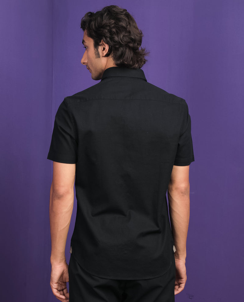 Rare Rabbit Men'S Darwin Black Shirt Cotton Fabric Short Sleeves Slim Fit