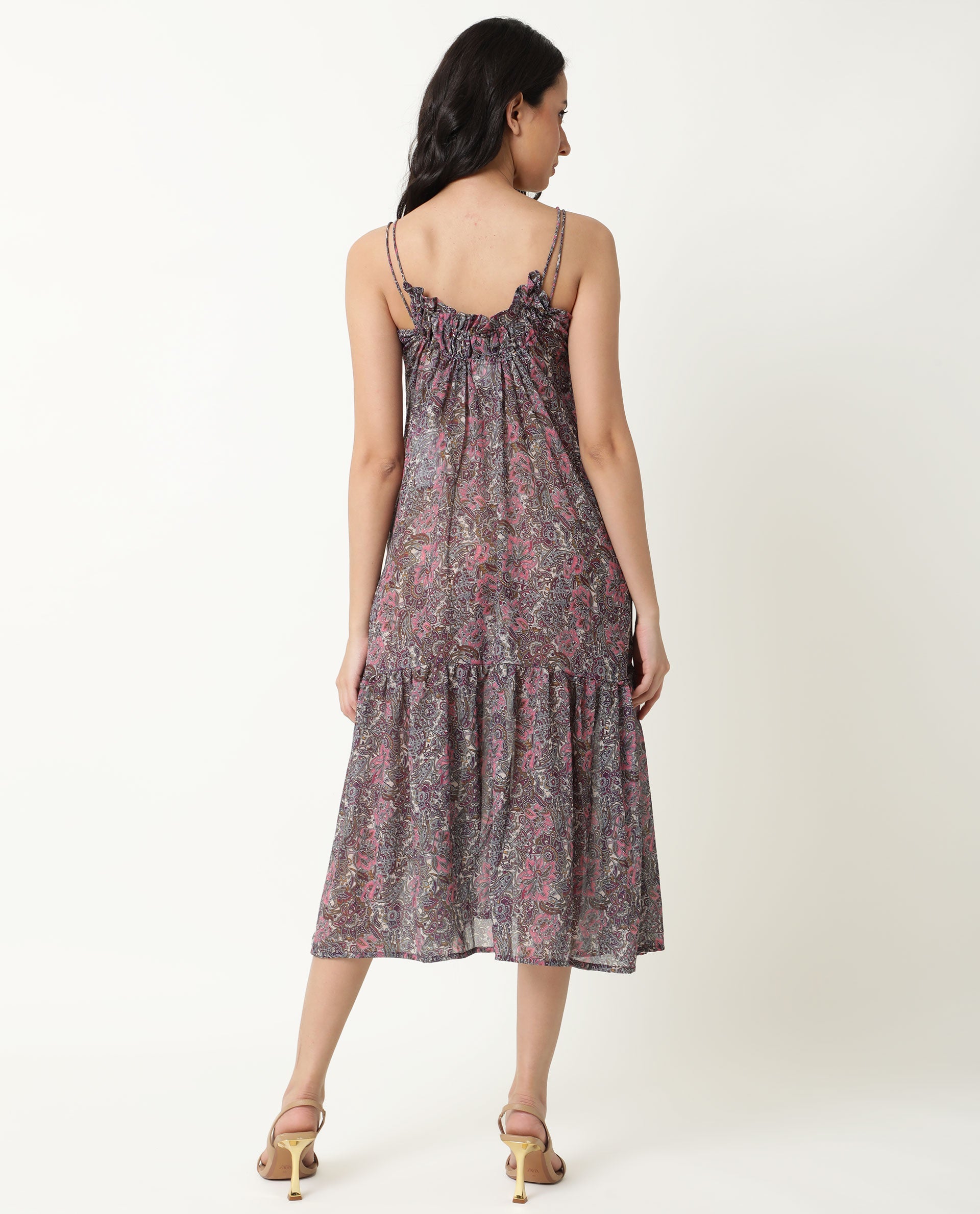 Rareism Women Hilda Pink Abstract Print V Neck Double Spaghetti Straps Tiered Midi Dress