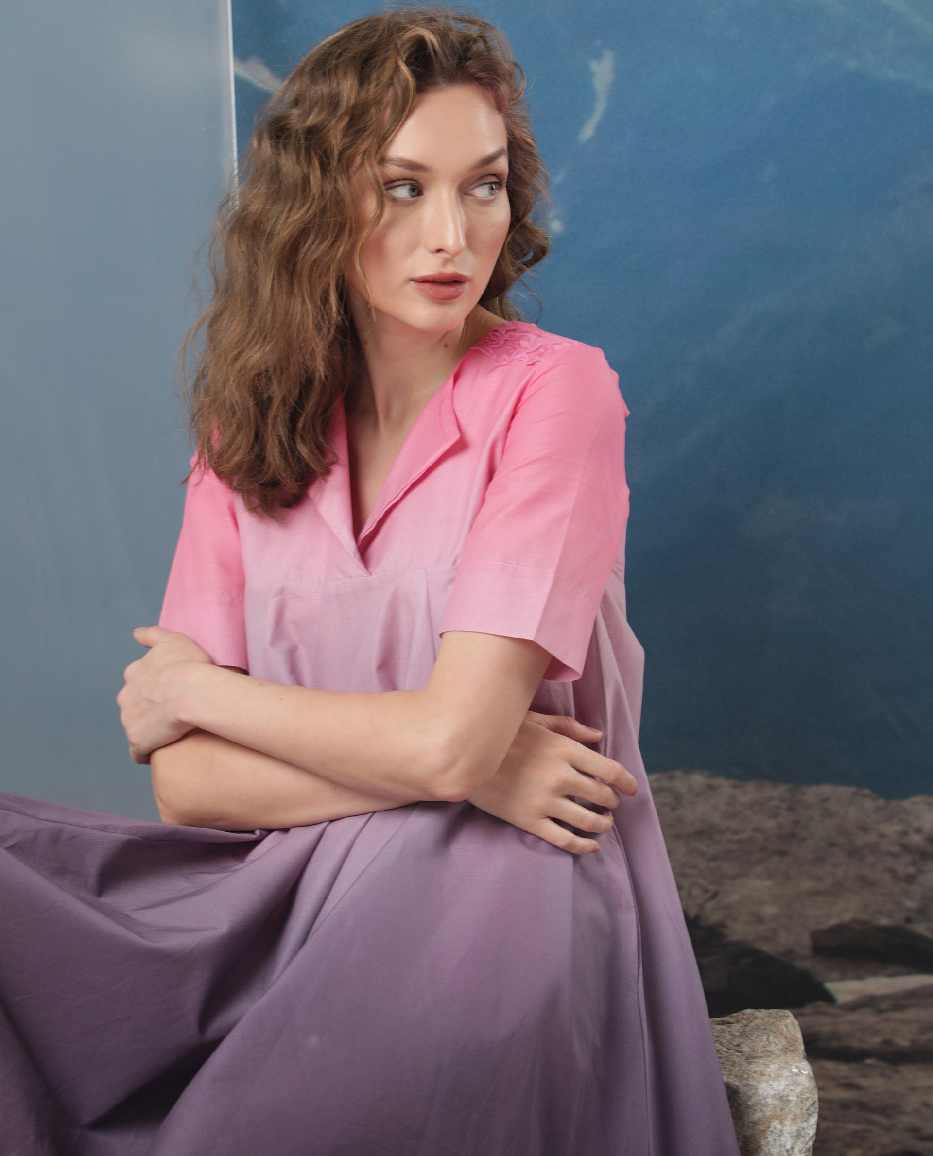 Rareism Women Celine Purple Cotton Fabric Short Sleeves Over Lap Flared Fit Ombre Knee Length Empire Dress