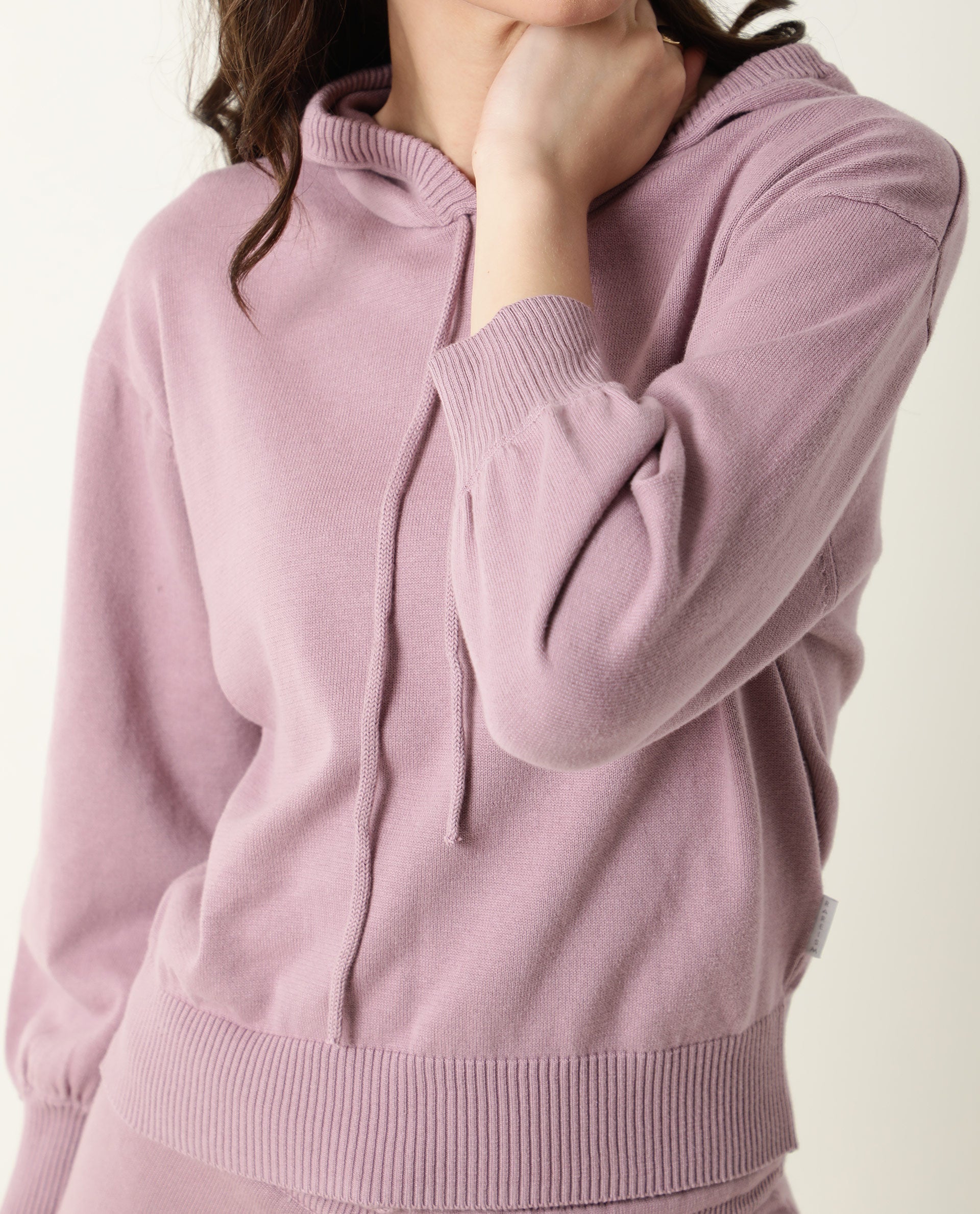 Rareism Women Finn Pastel Pink Cotton Fabric Straight Fit Full Sleeves Solid Hooded Track Suit