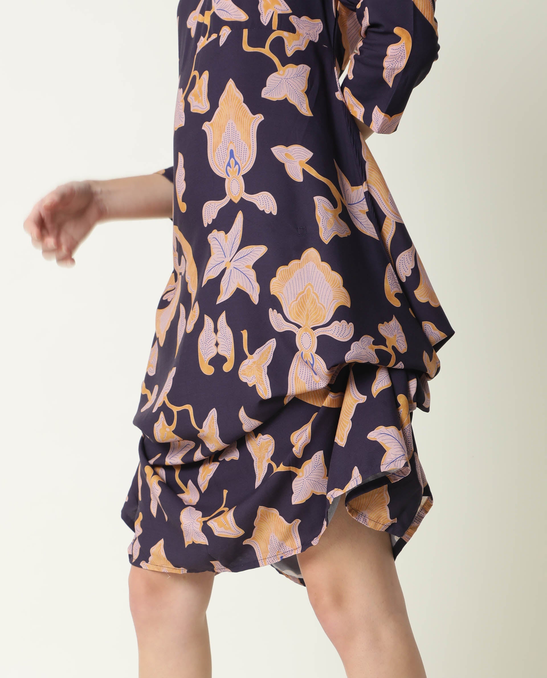 Rareism Women Kenna Navy Abstract Print V Neck 3/4 Sleeves Asymmetric Knee Length Dress