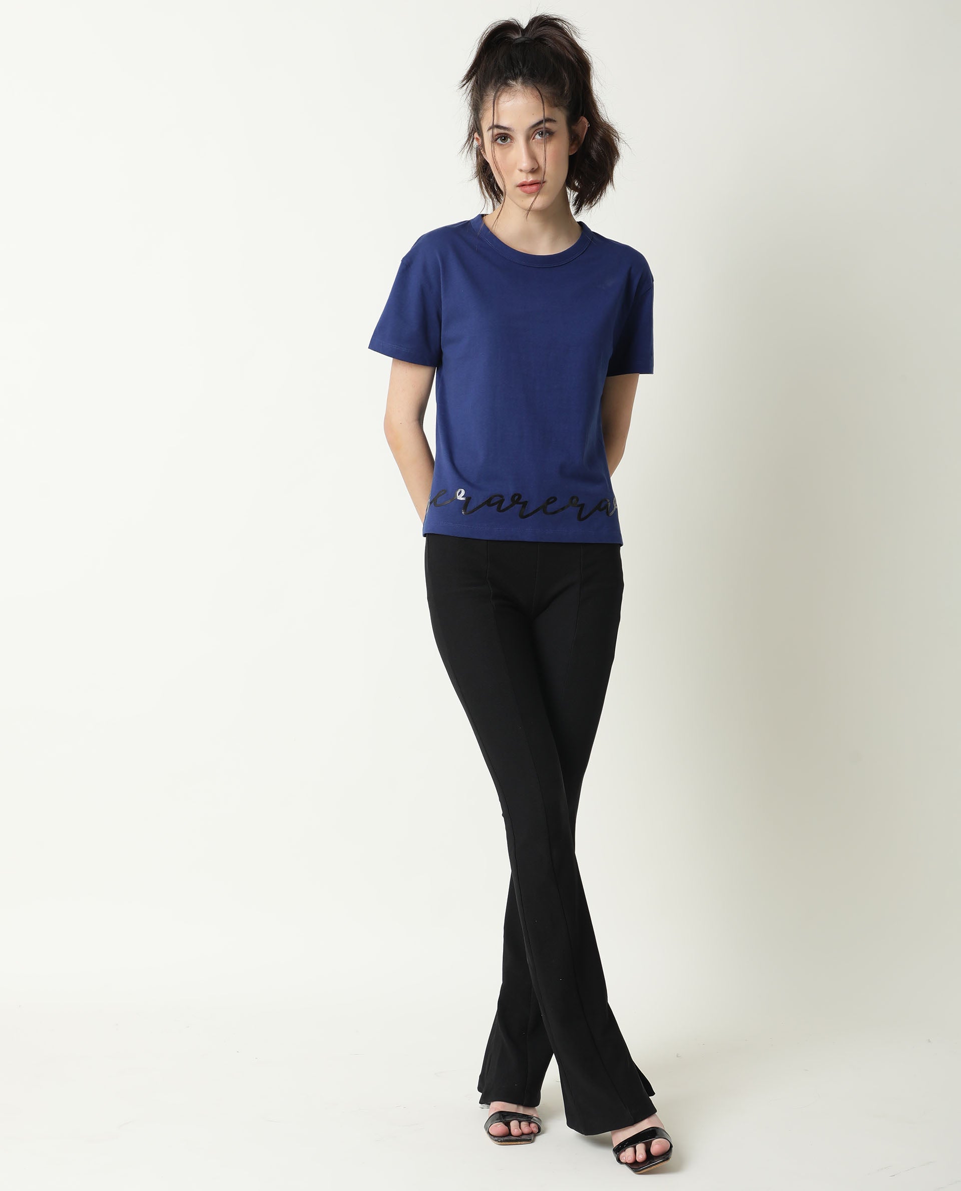 Rareism Women Ruthi Navy Cotton Fabric Regular Fit Half Sleeves Graphic Print Crew Neck T-Shirt