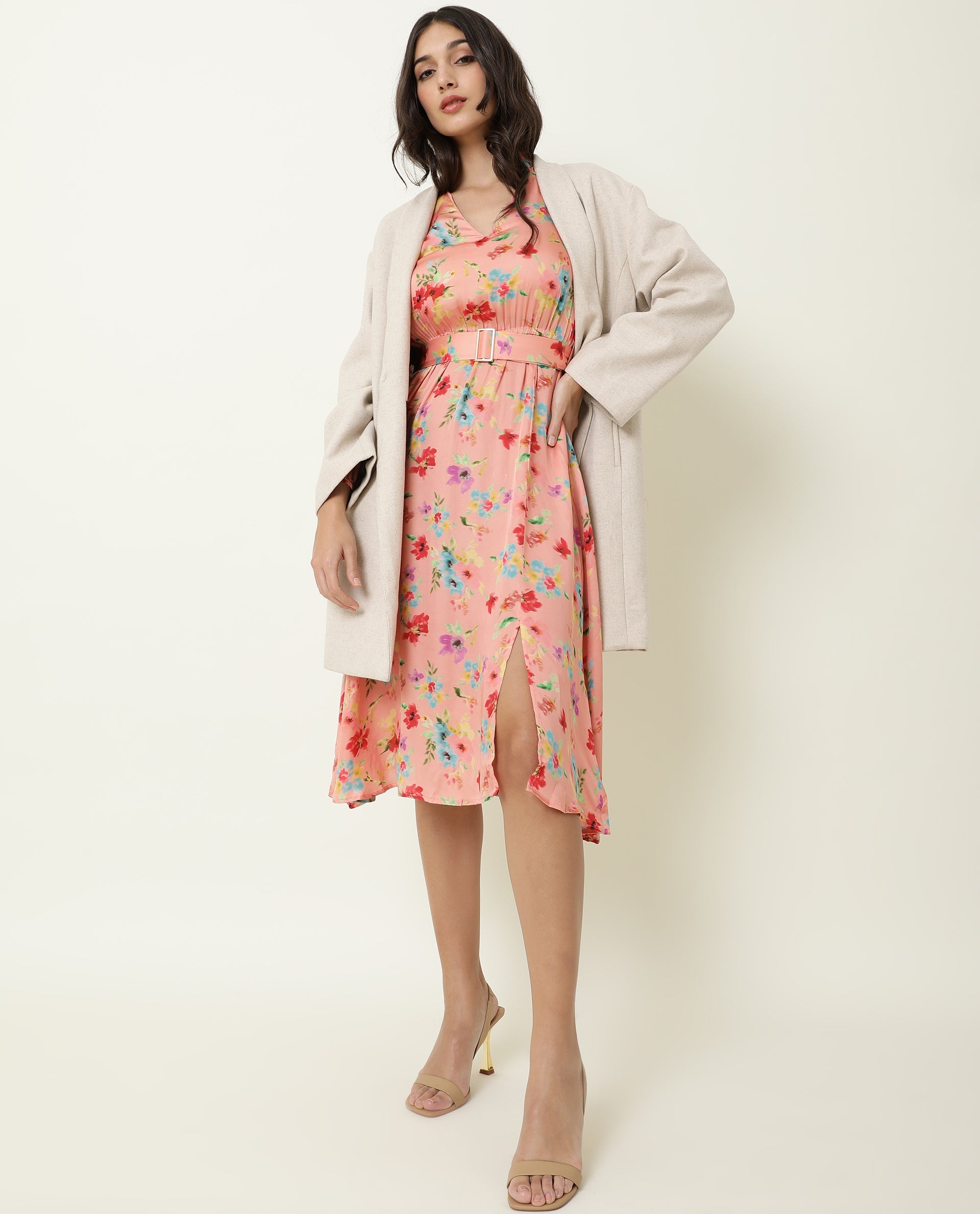 Rareism Women Tuna Peach Floral Print Full Sleeves With Fabric Waist Belt With Buckle And Pockets Knee Length Dress