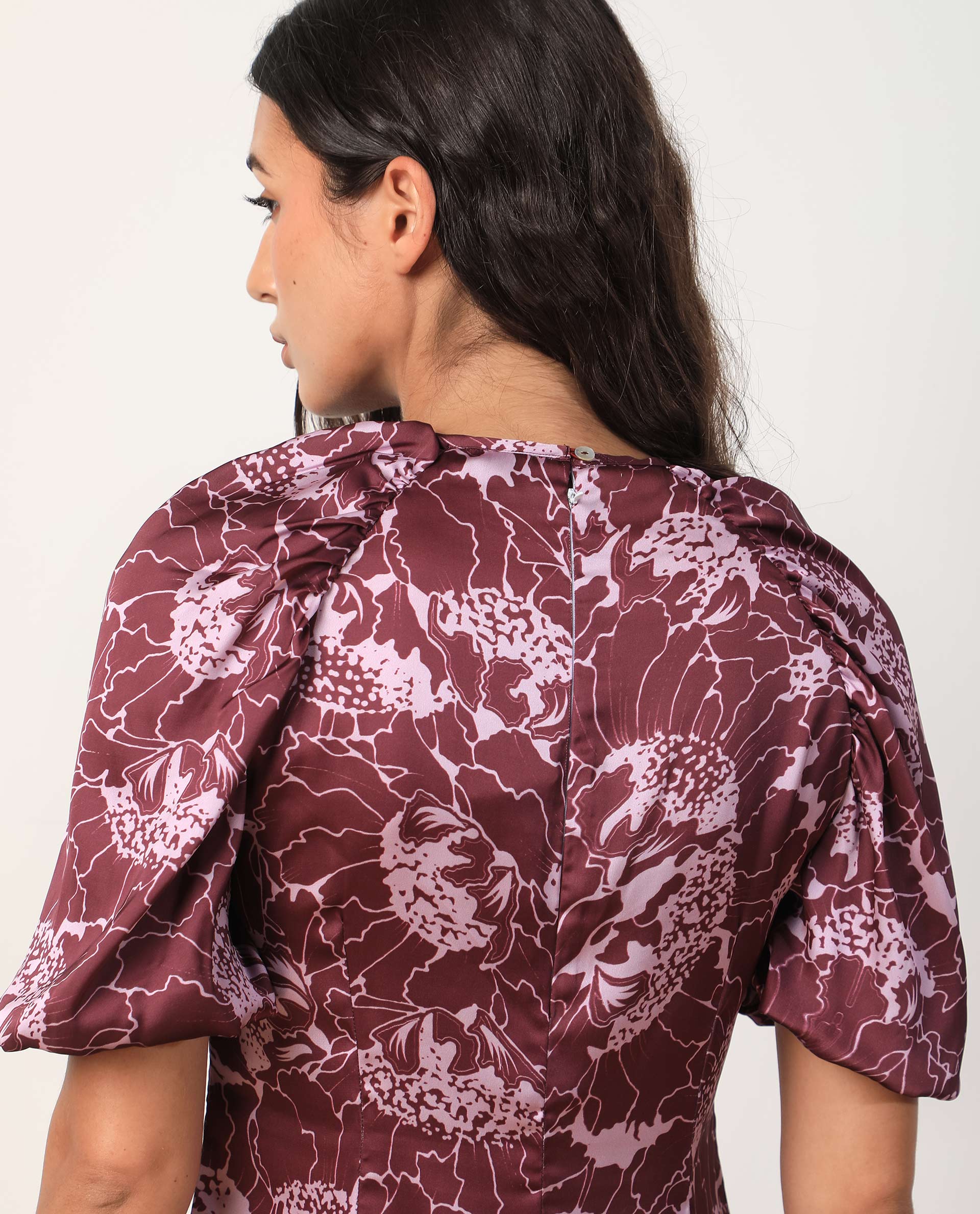 Rareism Women Christie Dark Maroon Polyester Fabric Short Sleeves Zip Closure Round Neck Puff Sleeve Slim Fit Floral Print Short Asymmetric Dress