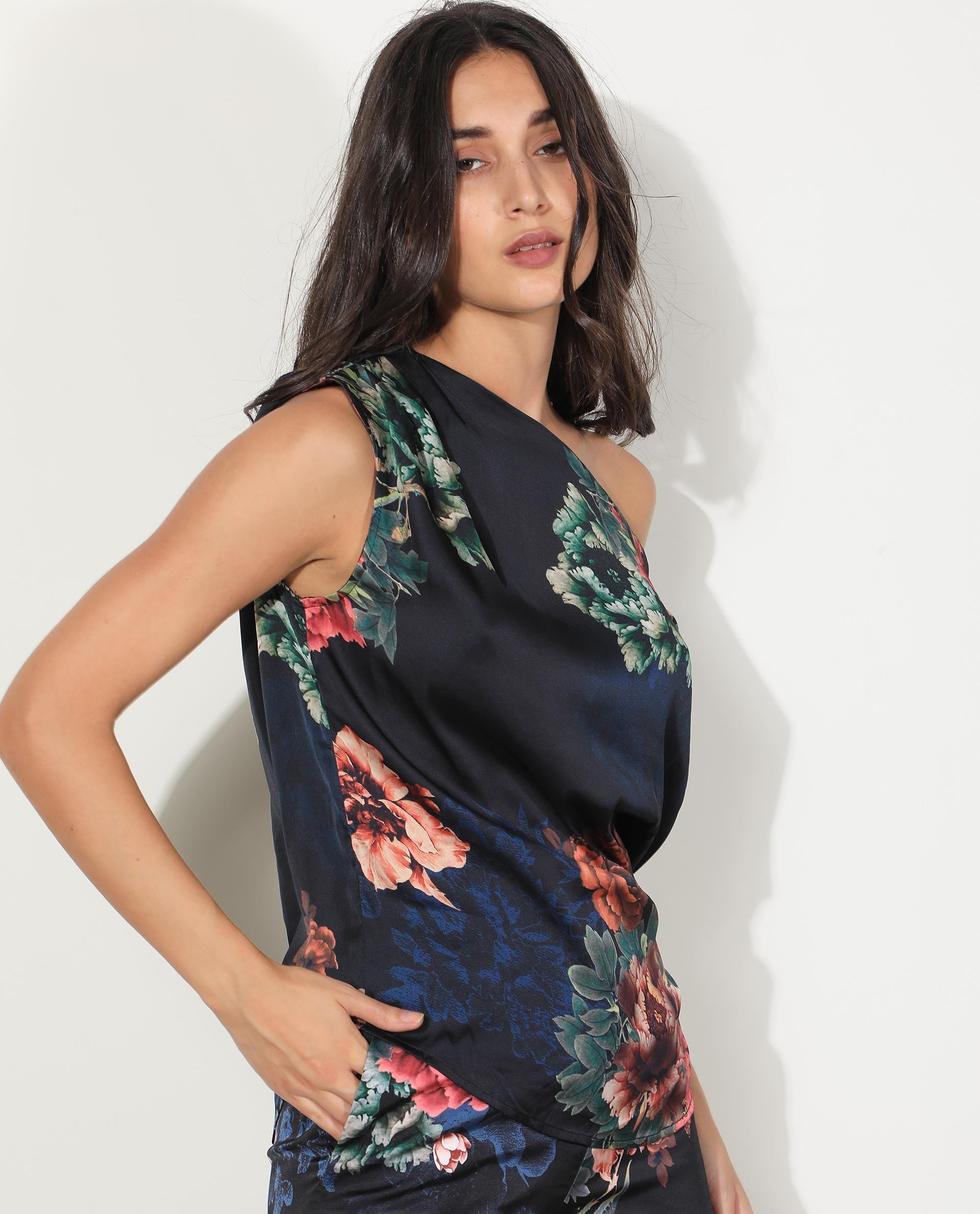 Rareism Women Florent Black Polyester Fabric Off Shoulder Sleeveless Regular Fit Floral Print Top