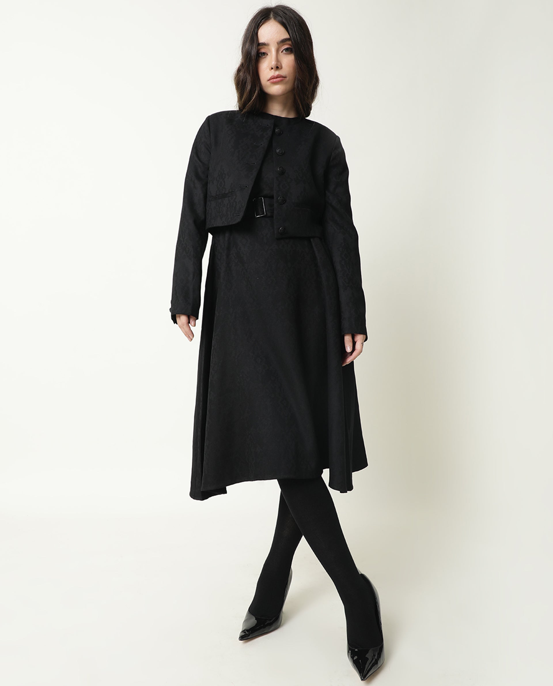 Rareism Women Lacau Black Boat Neck Sleeveless With Fabric Belt Buckle Back Zip Closure Midi Dress