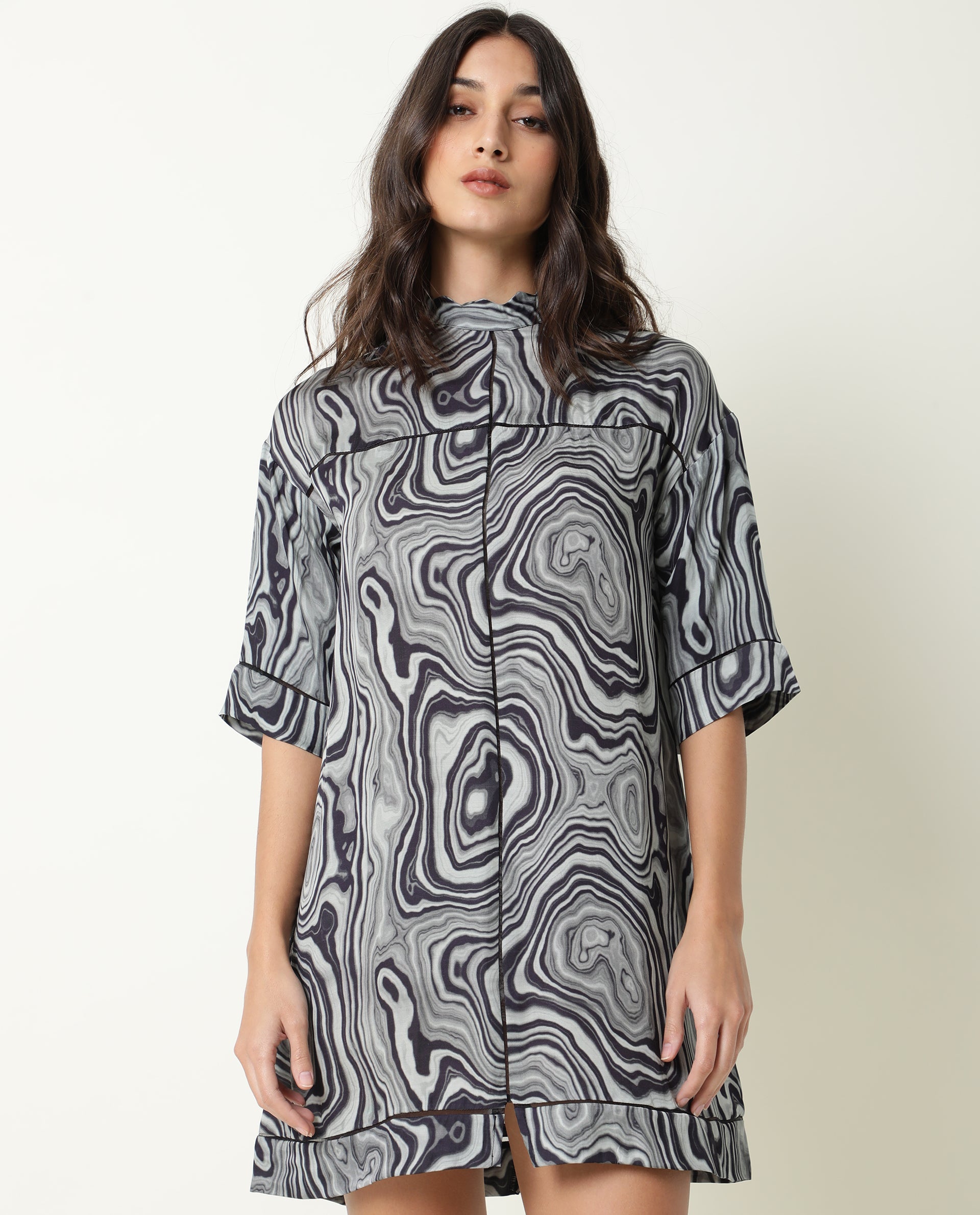 Rareism Women Favor Black Abstract Print High Neck Half Sleeves Mini Dress