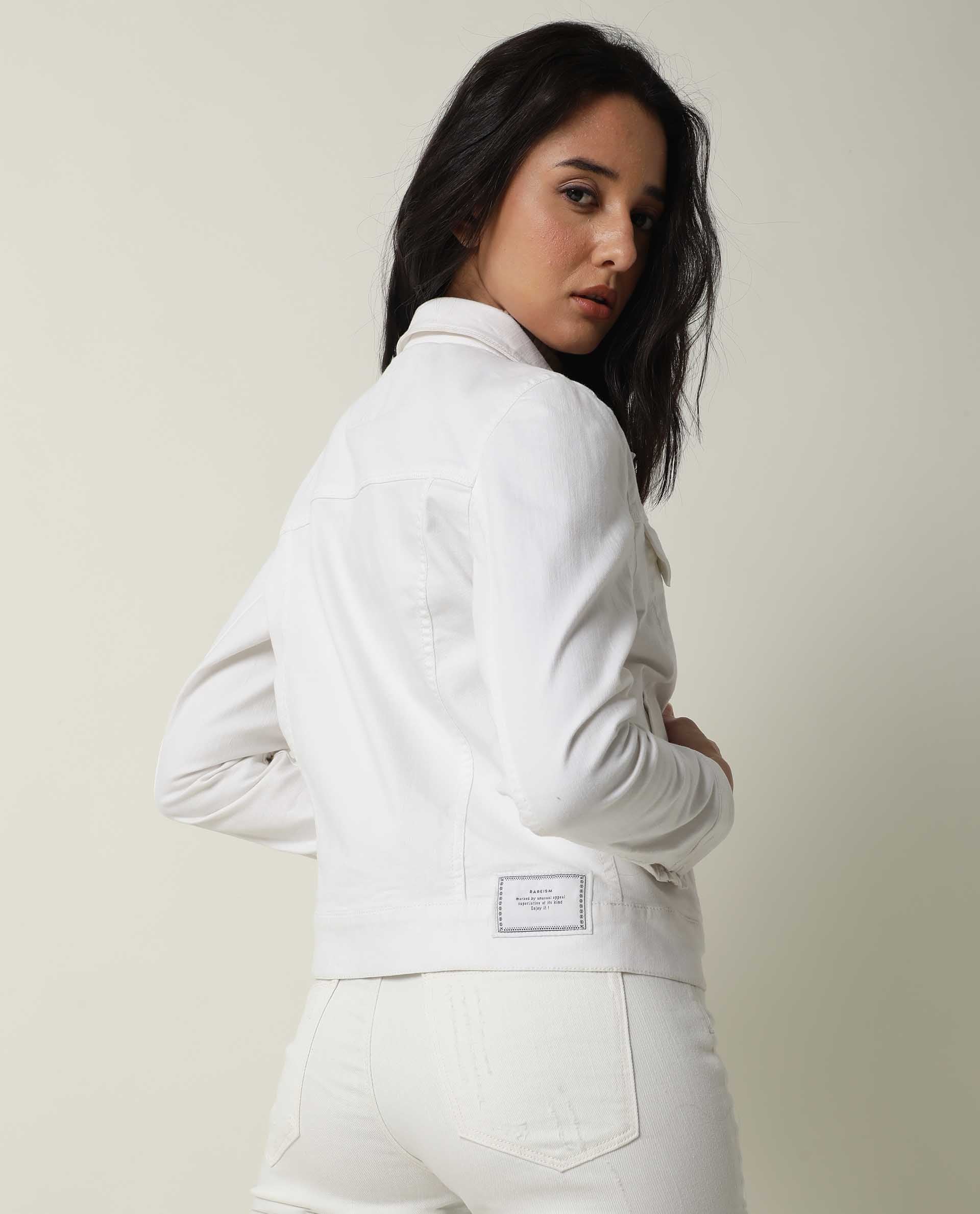 Rareism Women Misso White Cotton Lycra Fabric Full Sleeves Solid Shirt Collar Jacket