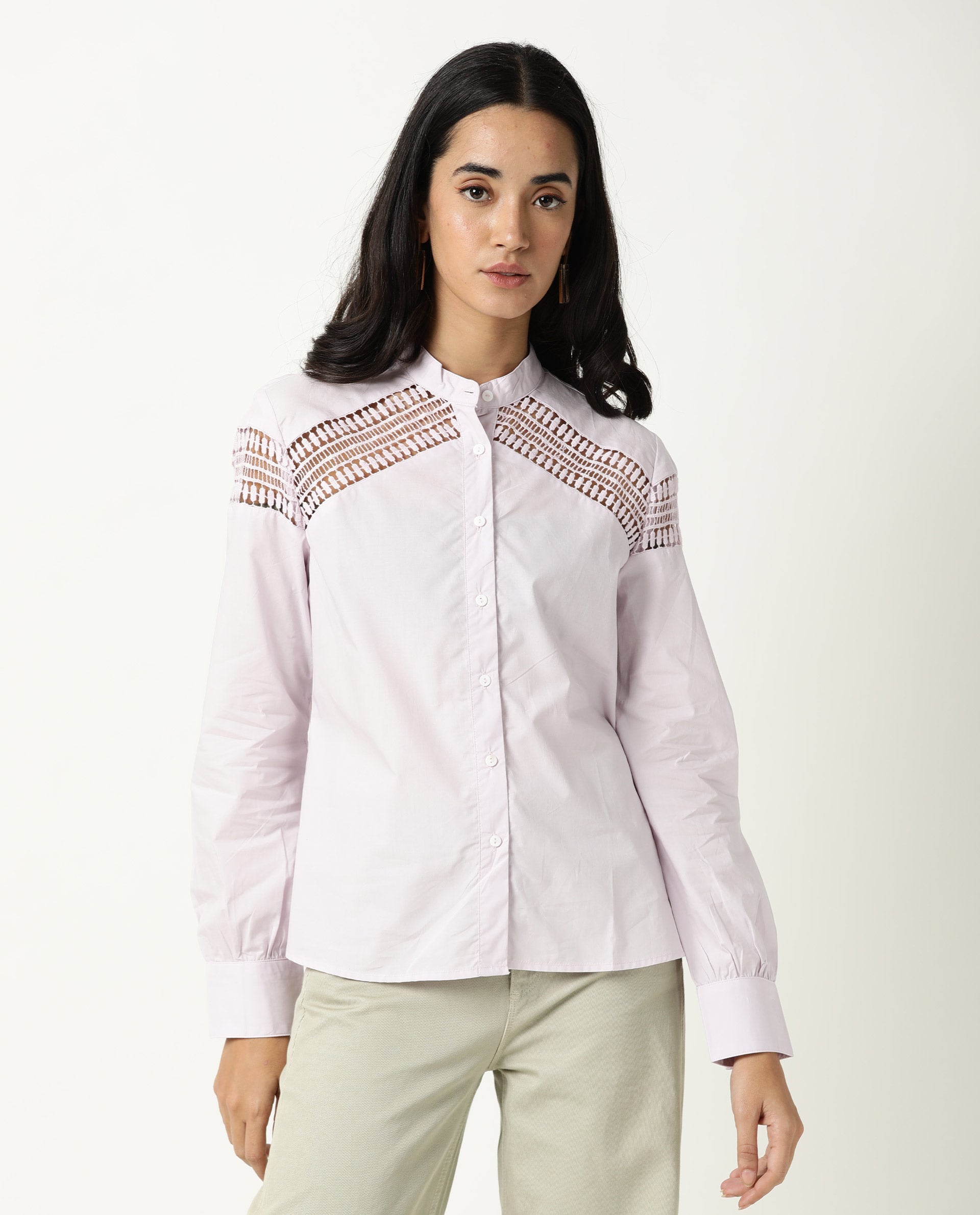 Rareism Women Zoom Pastel Purple Cotton Fabric Regular Fit Mandarin Collar Full Sleeves Solid Top