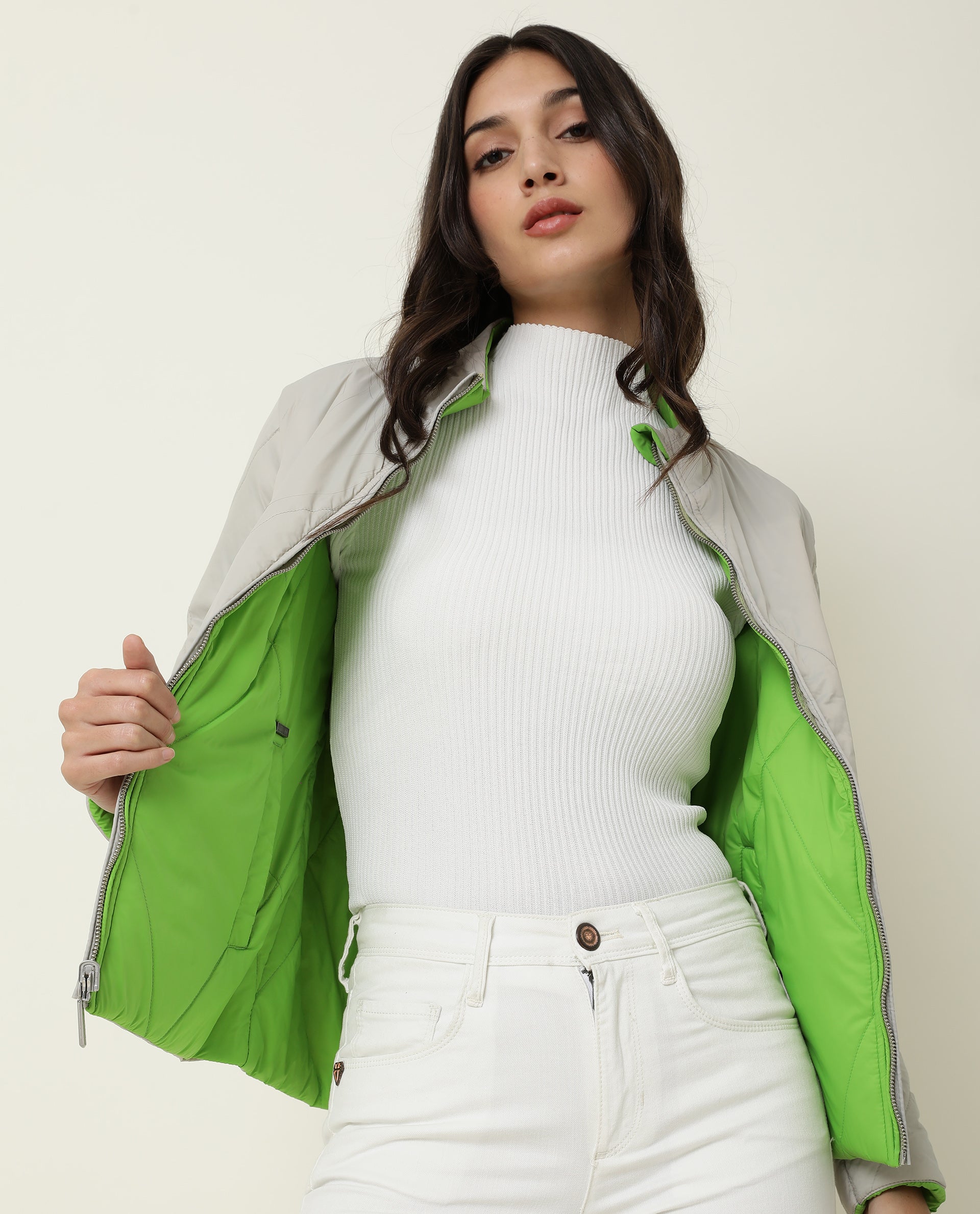 Rareism Women Cora Light Green Polyester Fabric Full Sleeves Solid High Neck Jacket