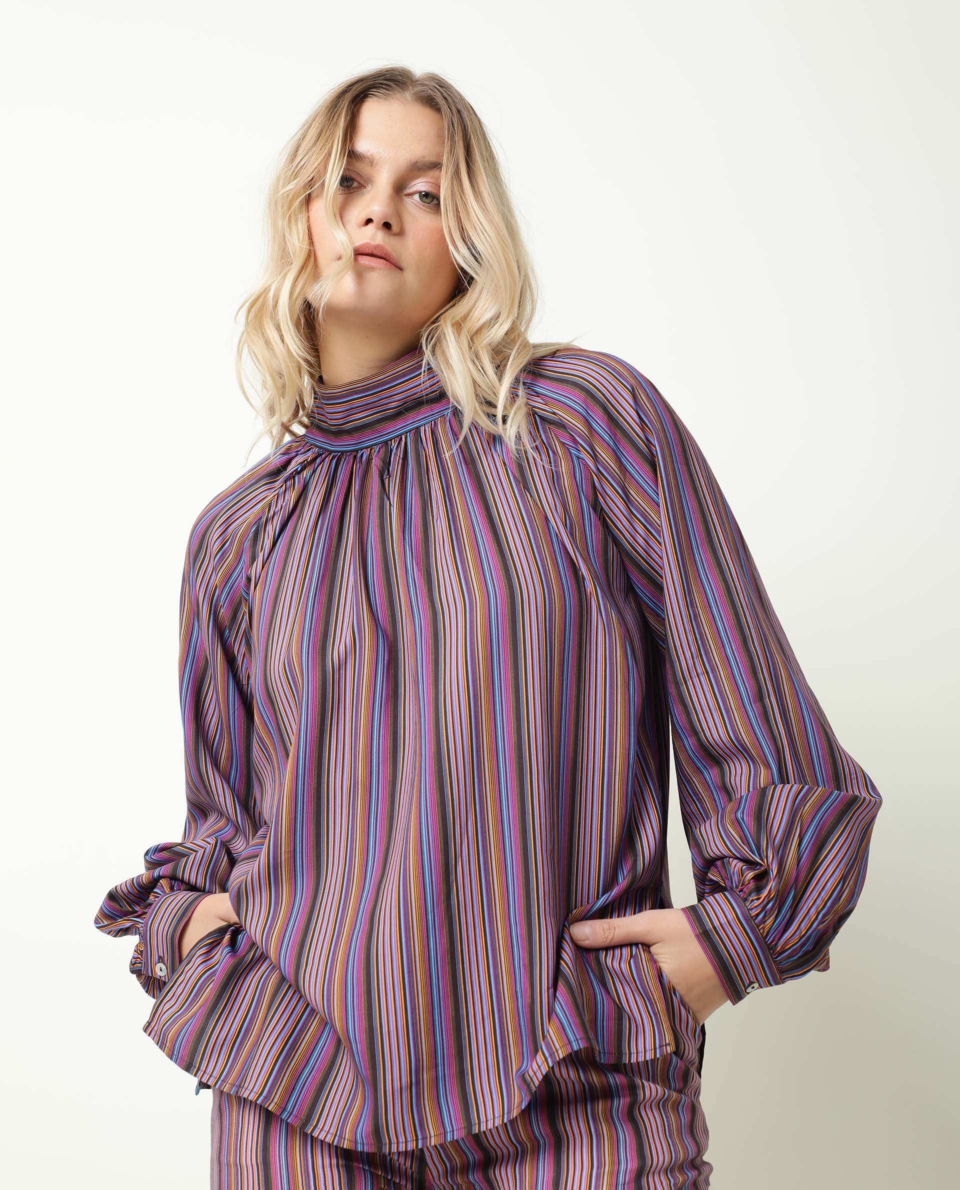 Rareism Womens Autumn Multi Color Top Polycotton Fabric Full Sleeves High Neck