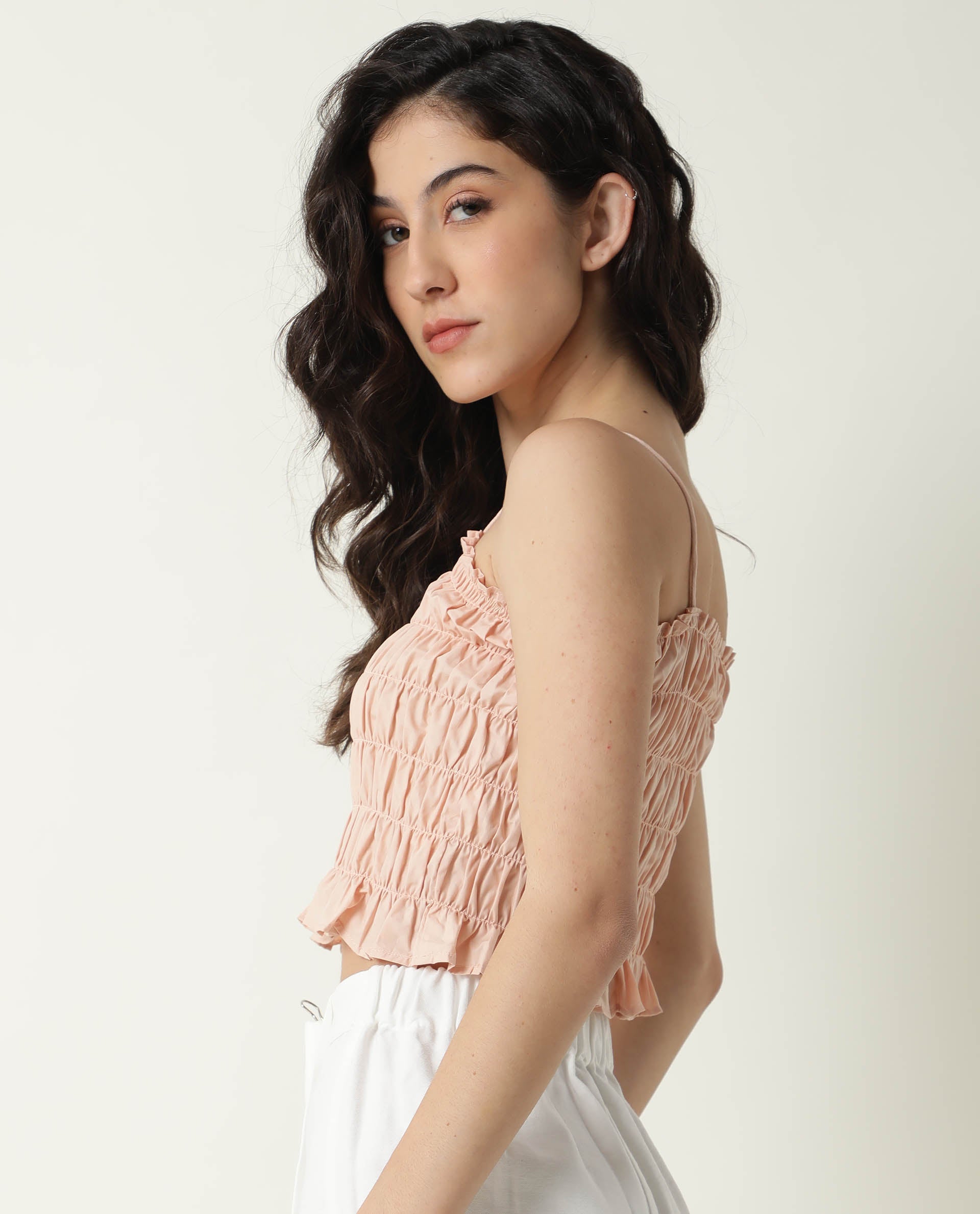 Rareism Womens Jaspersky Peach Top Cotton Fabric  Sleeveless Square Neck