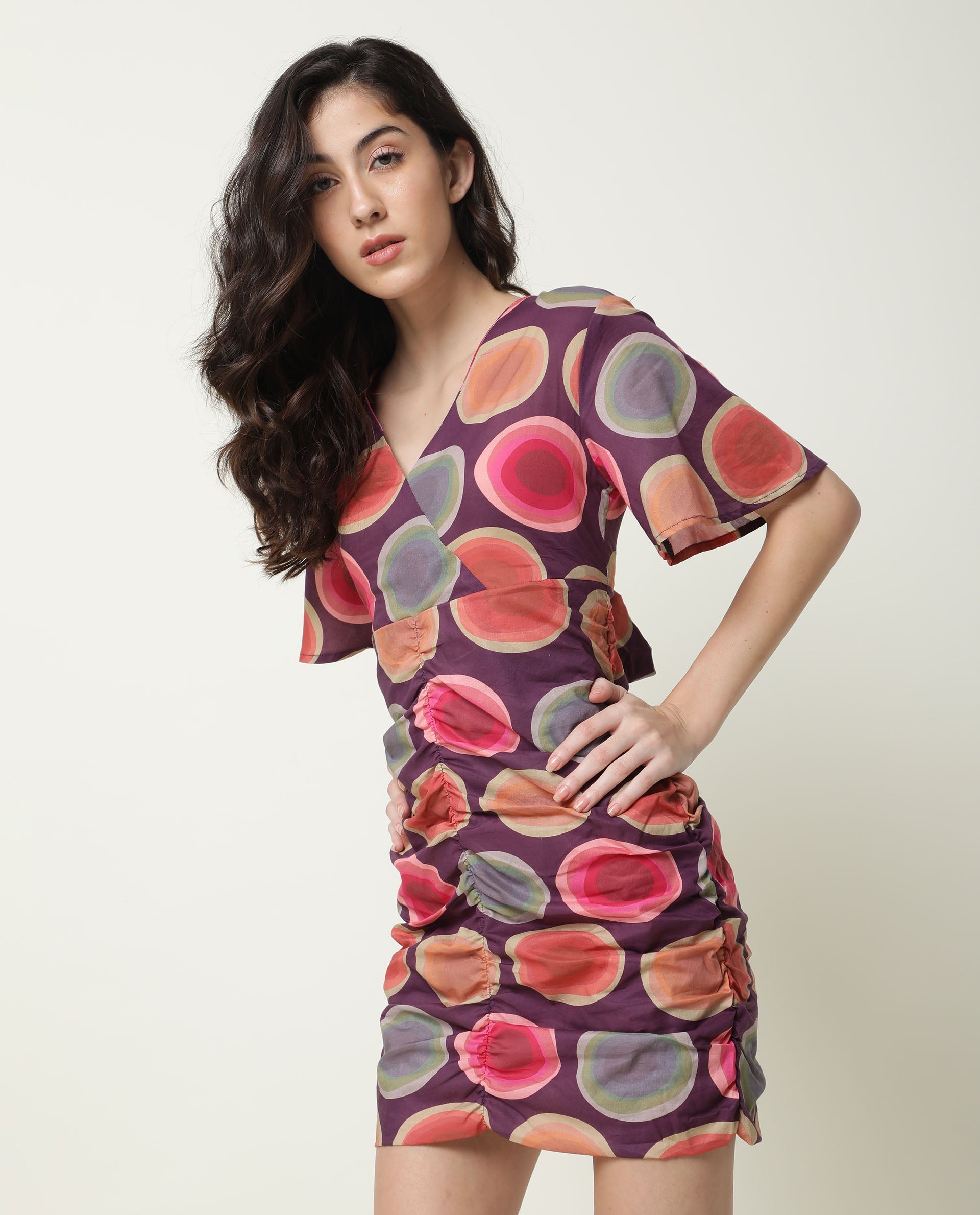 Rareism Women Anjou Purple Polka Dots Overlap Neck Half Sleeves Ruching At Sides And Back Mini Dress