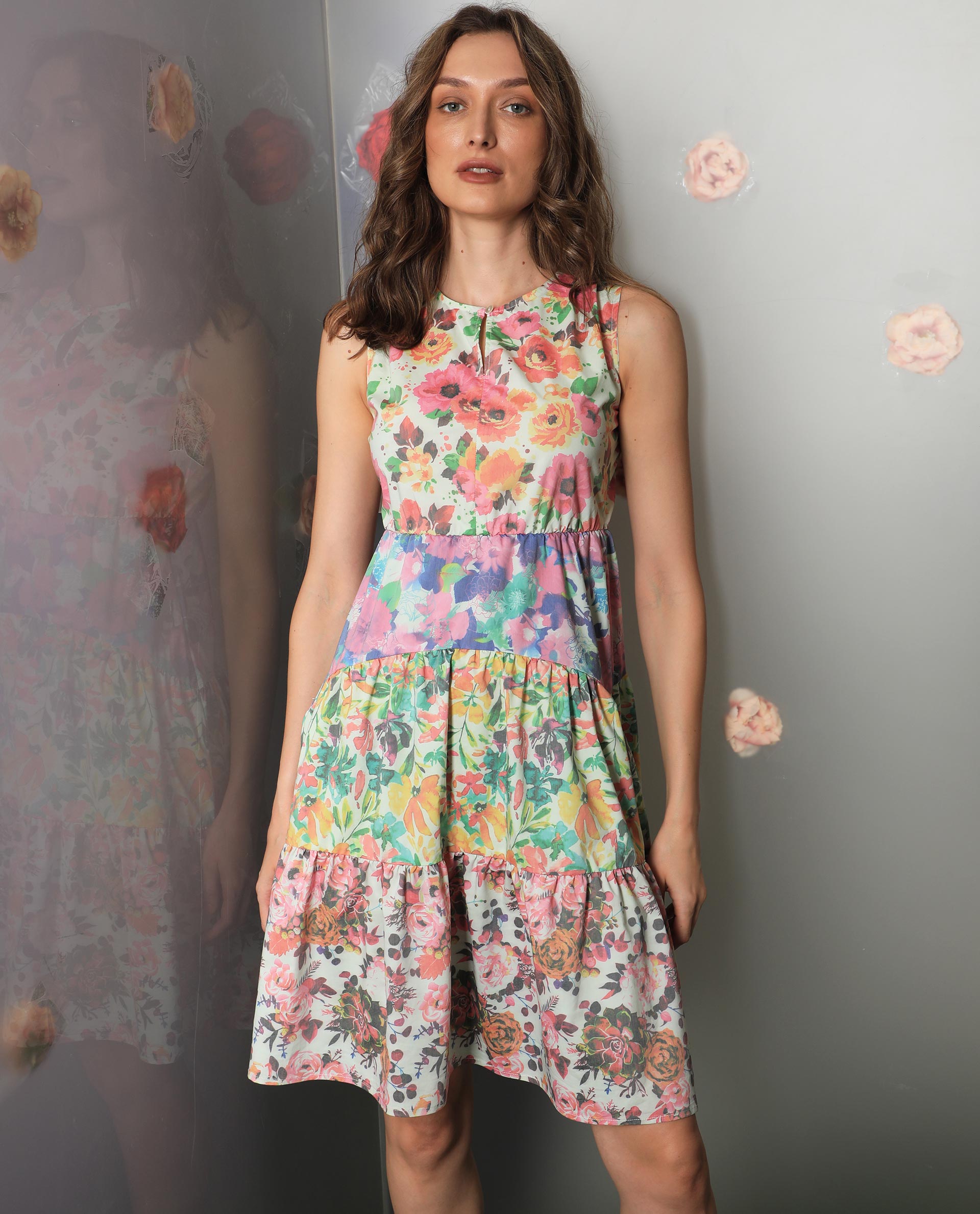 Rareism Women Carys Multi Polyester Fabric Sleeveless Key Hole Neck Regular Fit Floral Print Knee Length Tiered Dress