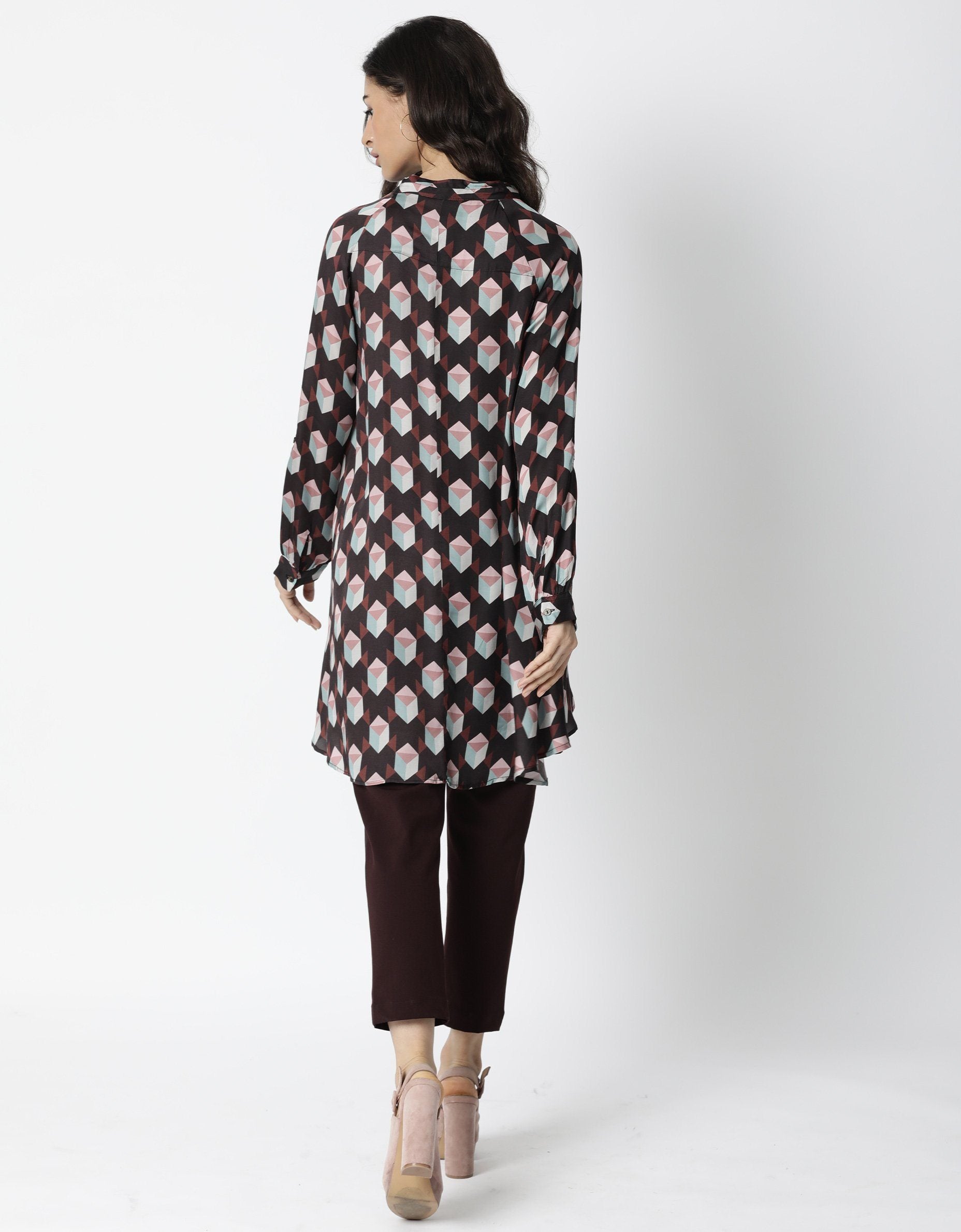 Rareism Women Engine Brown Dress Full Sleeves Printed