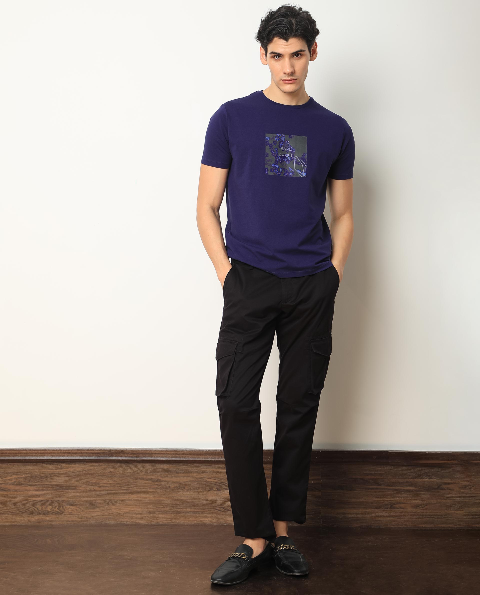 Rare Rabbit Men's Capri Purple Crew Neck Graphic Printed Half Sleeves Slim Fit T-Shirt