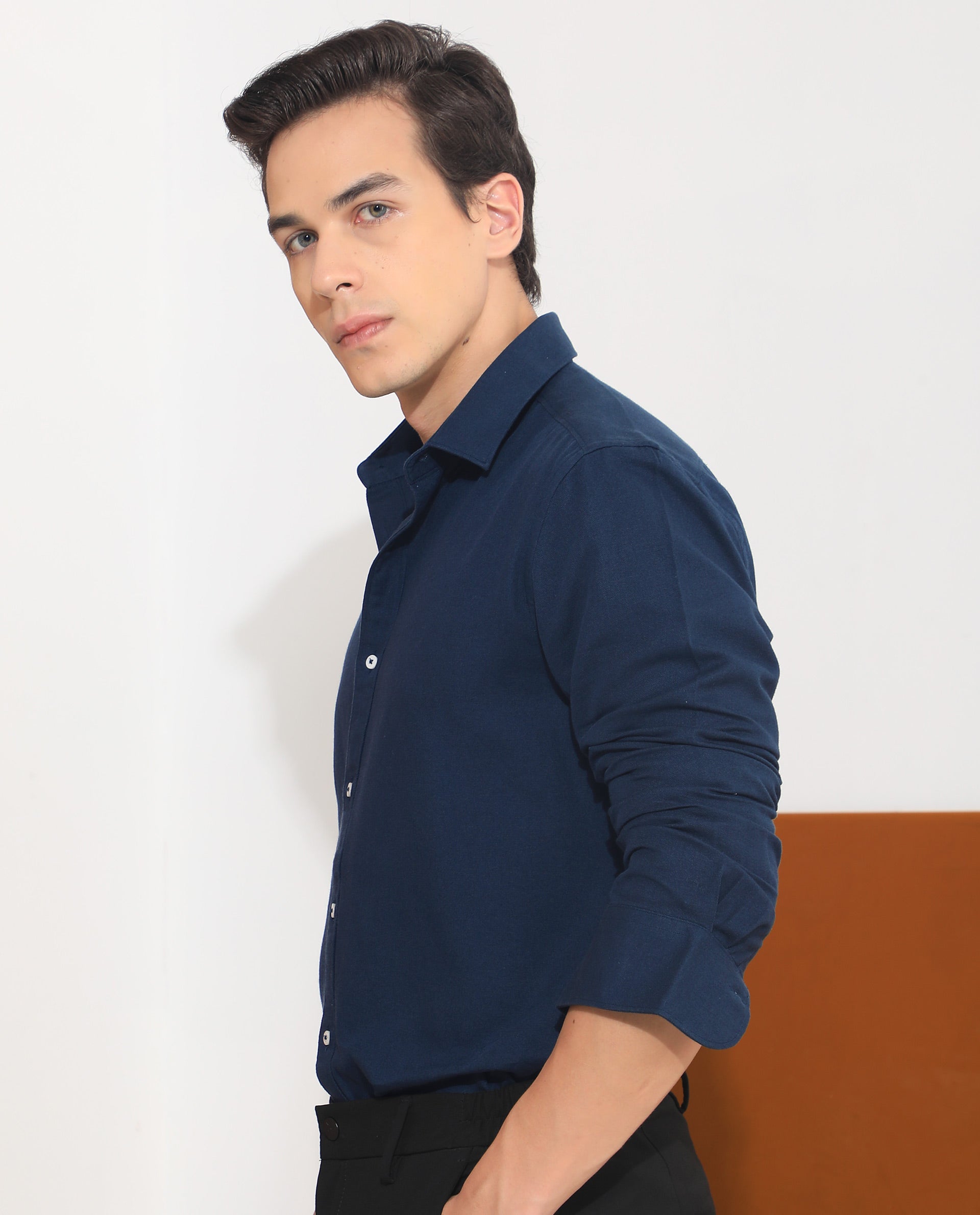 Rare Rabbit Mens Otago Navy Cotton Fabric Full Sleeves Regular Fit Solid Twill Shirt