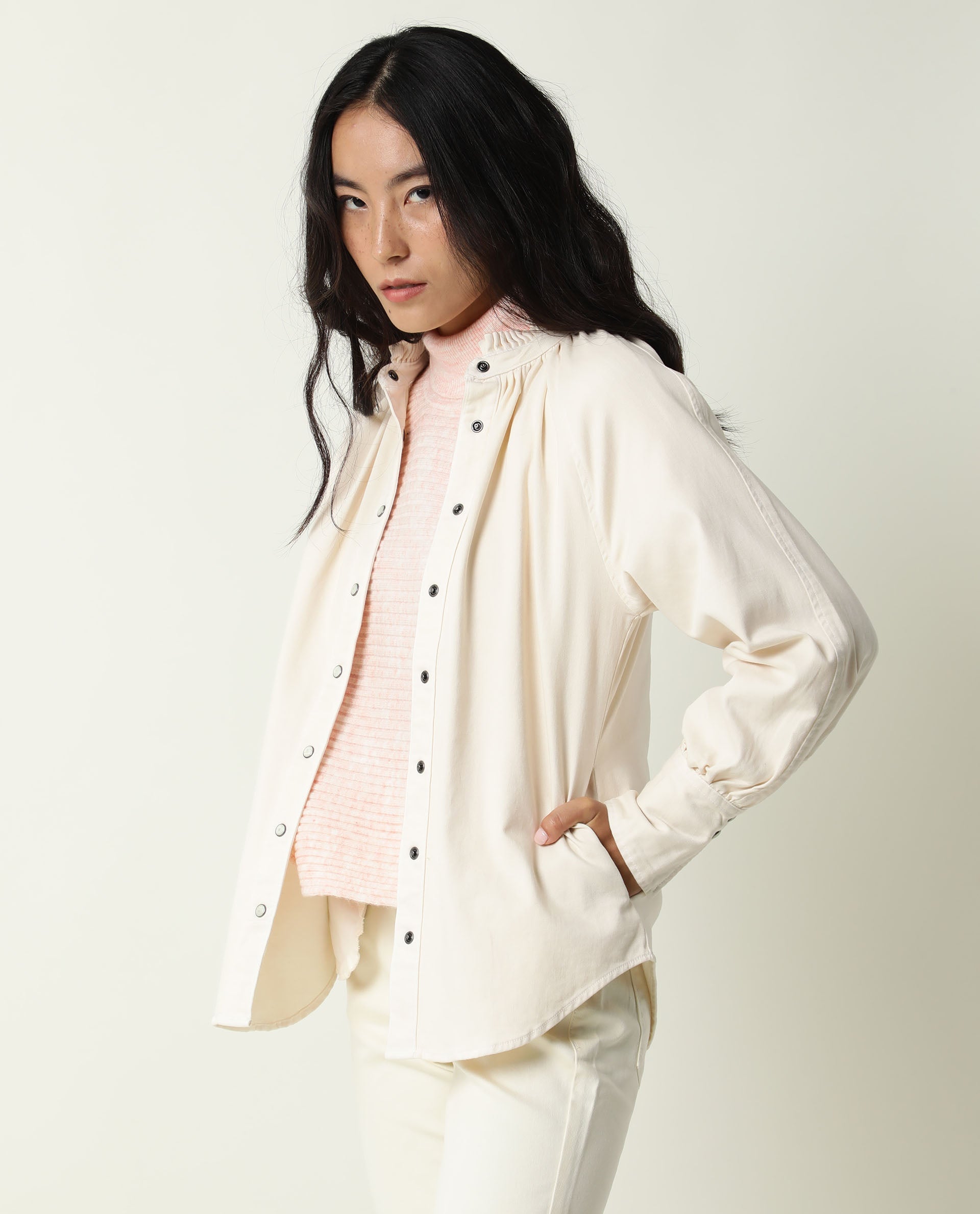 Rareism Women Bellona Off White Cotton Fabric Full Sleeves Solid Ruffled Neck Jacket