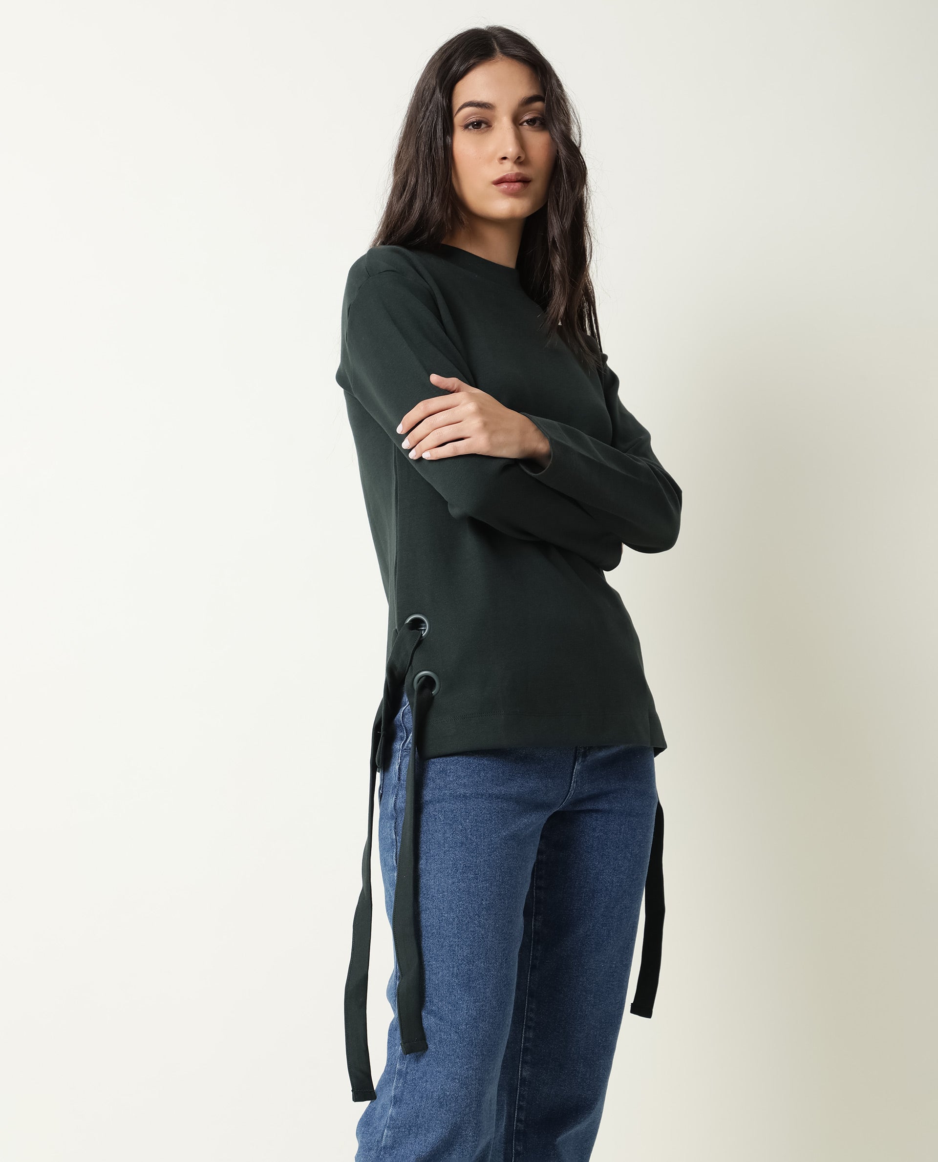 Rareism Women Ross Green Cotton Fabric Regular Fit Crew Neck Full Sleeves Solid Top