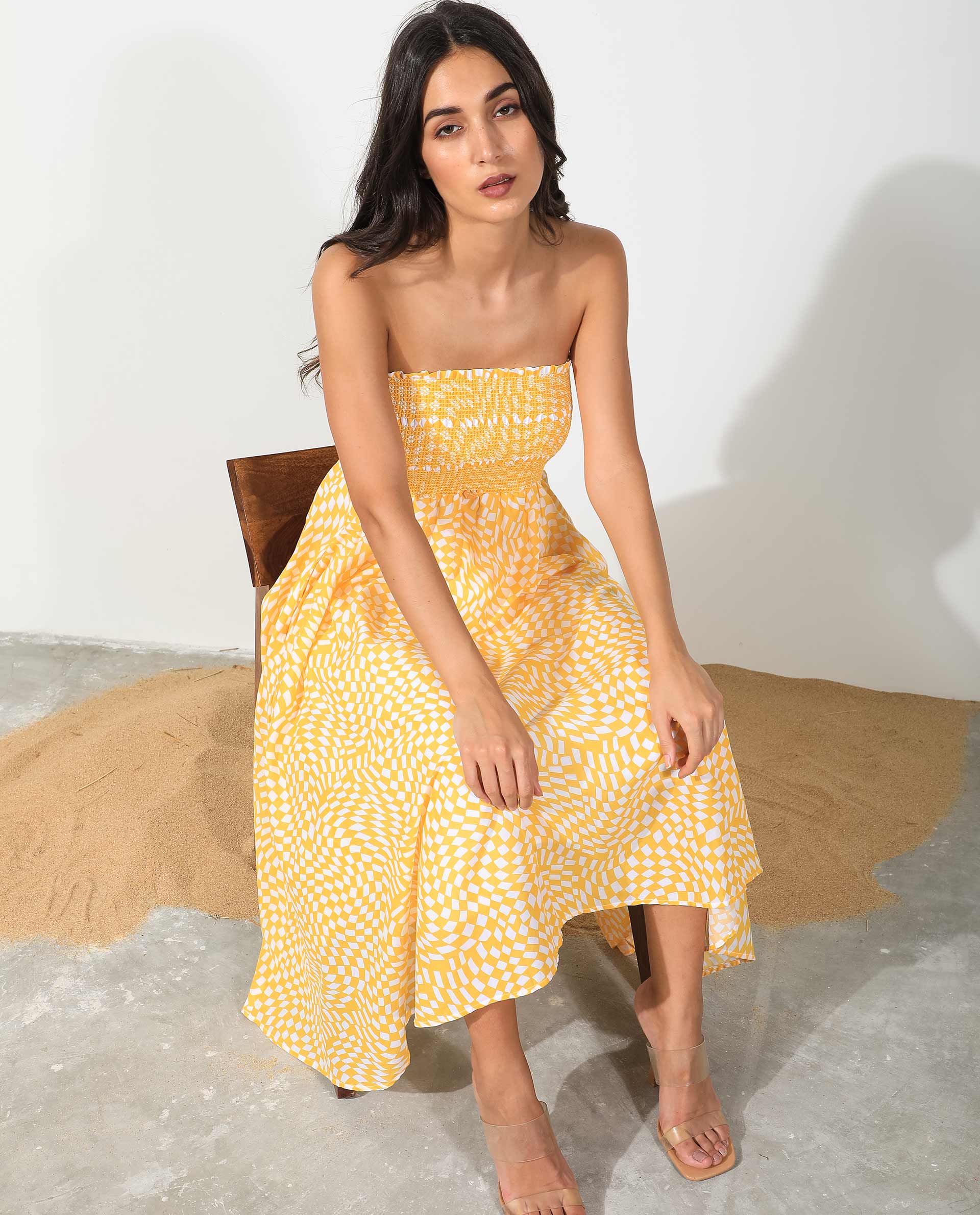 Rareism Women Daffodil Yellow Cotton Fabric Sleeveless Tube Neck Shoulder Straps Regular Fit Print Knee Length Dress