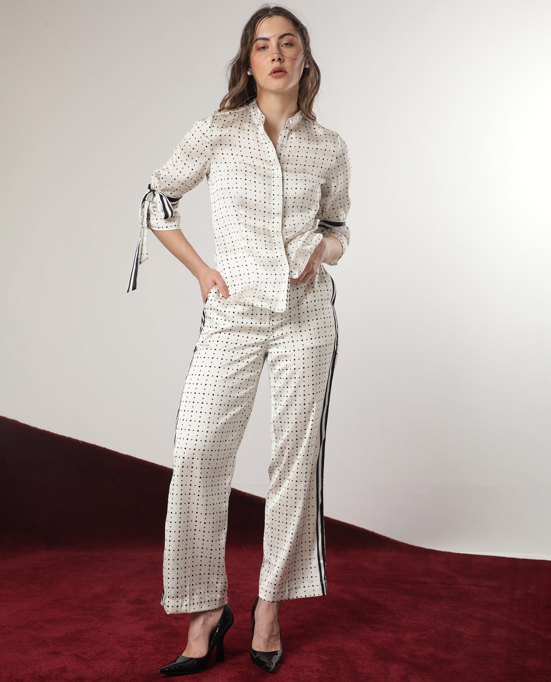 Rareism Women Zanax Beige Polyester Fabric Regular Fit Mandarin Collar 3/4Th Sleeves Polka Top