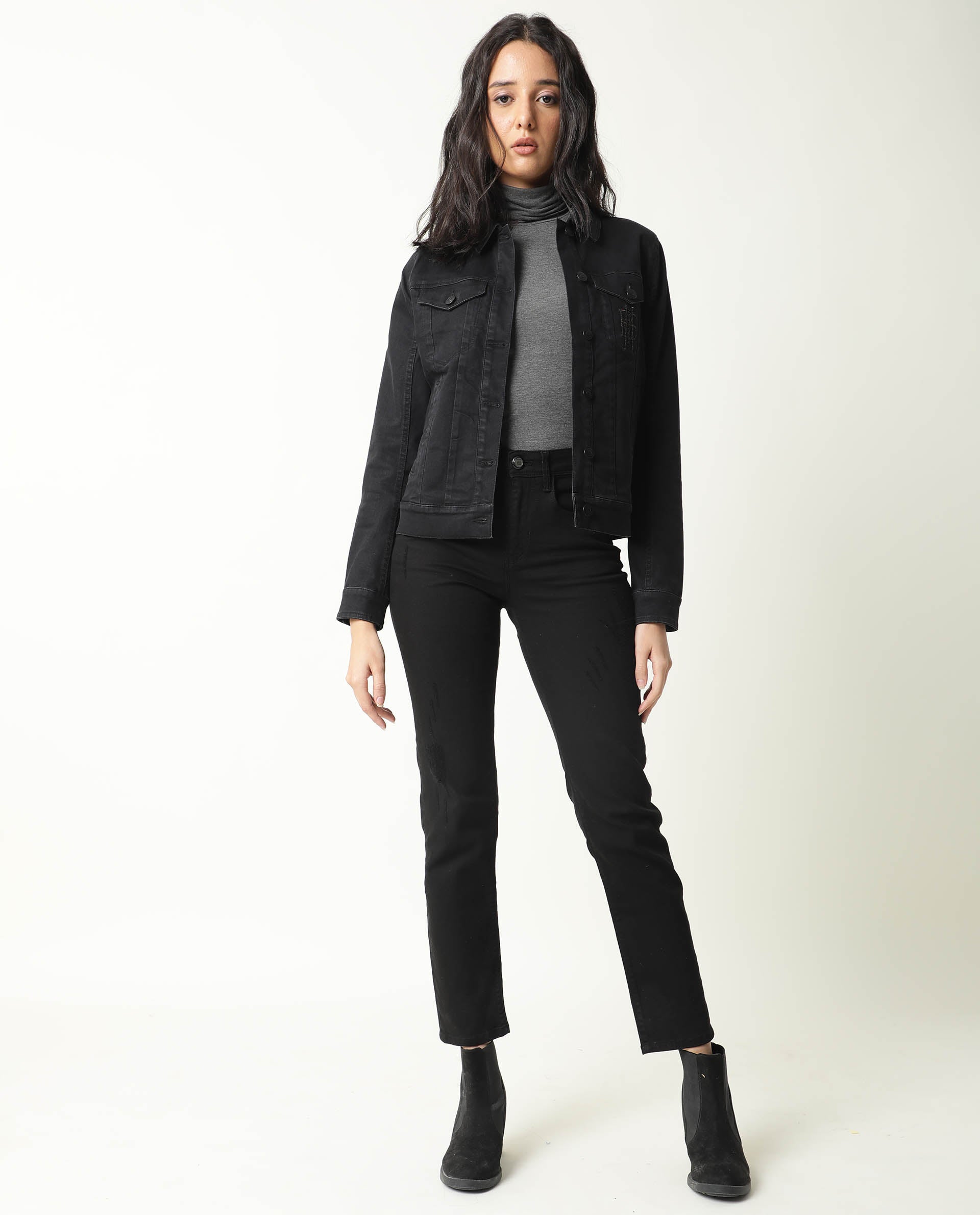 Rareism Women Misso Black Cotton Lycra Fabric Full Sleeves Solid Shirt Collar Jacket