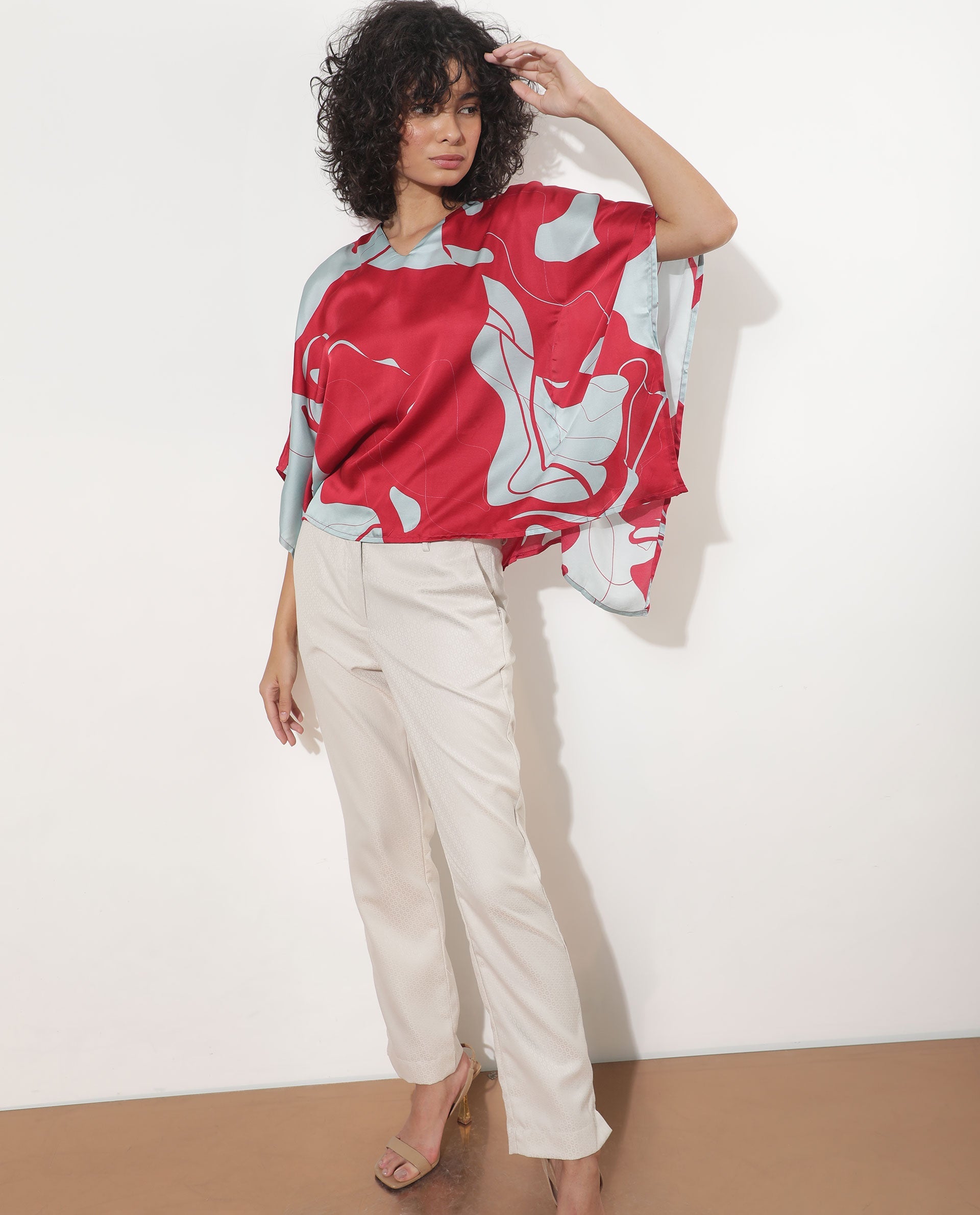 Rareism Women Alyse Maroon Modal Fabric Regular Fit V-Neck Half Sleeves Abstract Print Top