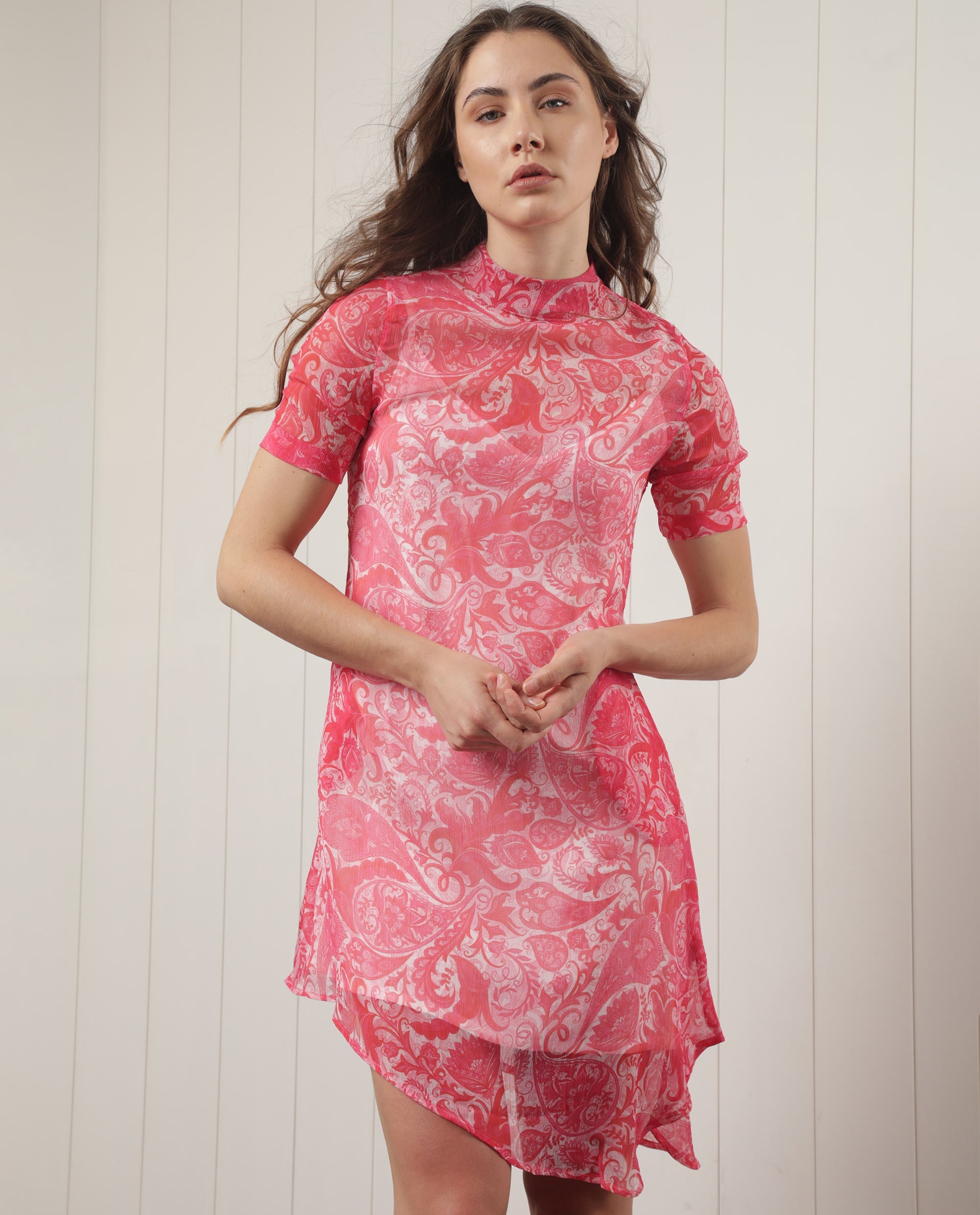 Rareism Women's Beryl Pink Polyester Fabric High Neck Zipper Closure Half Sleeve Paisley Print  Knee Length Dress