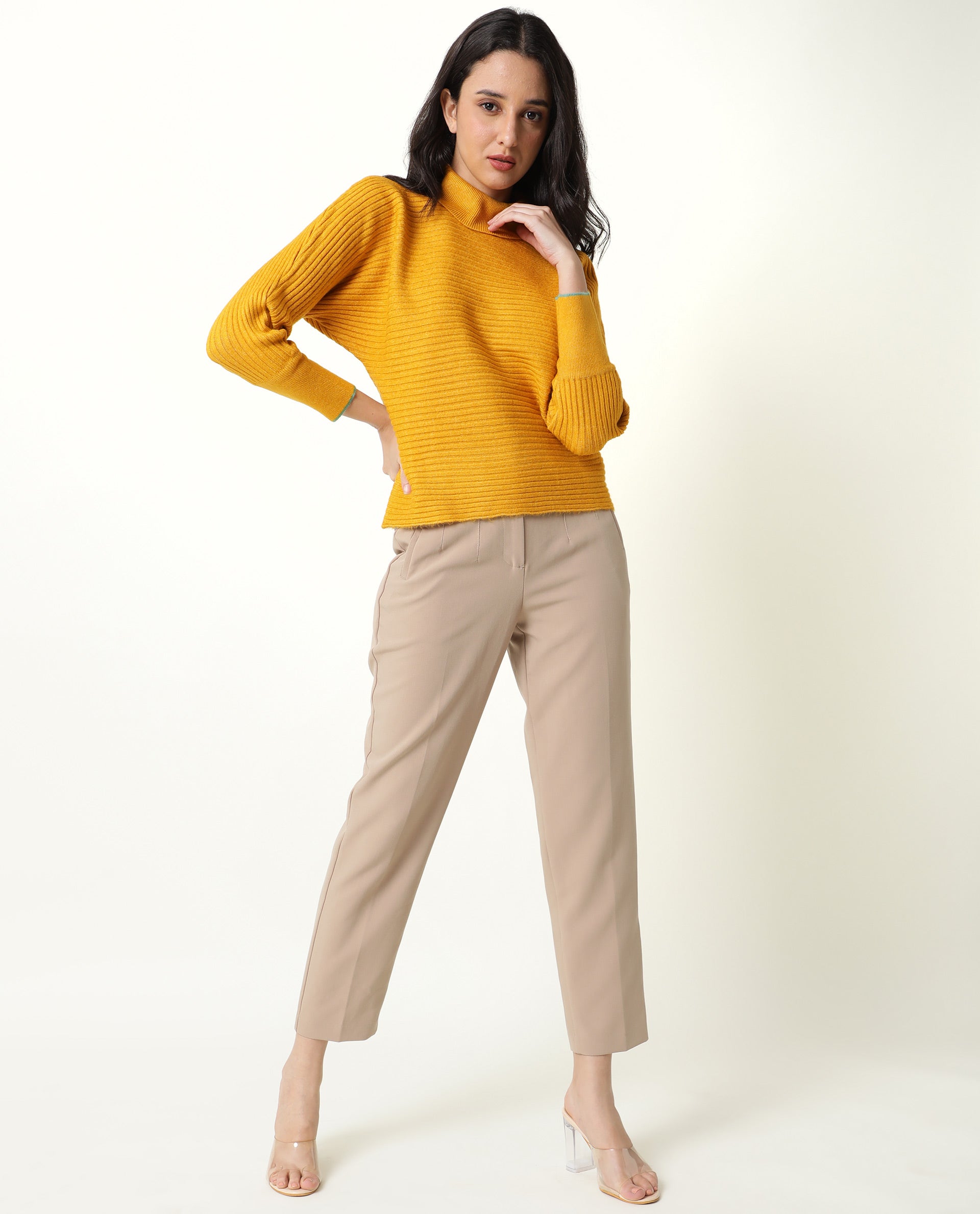 Rareism Women Levour Mustard Acrylic Fabric Full Sleeves Relaxed Fit Solid Turtle Neck Sweater
