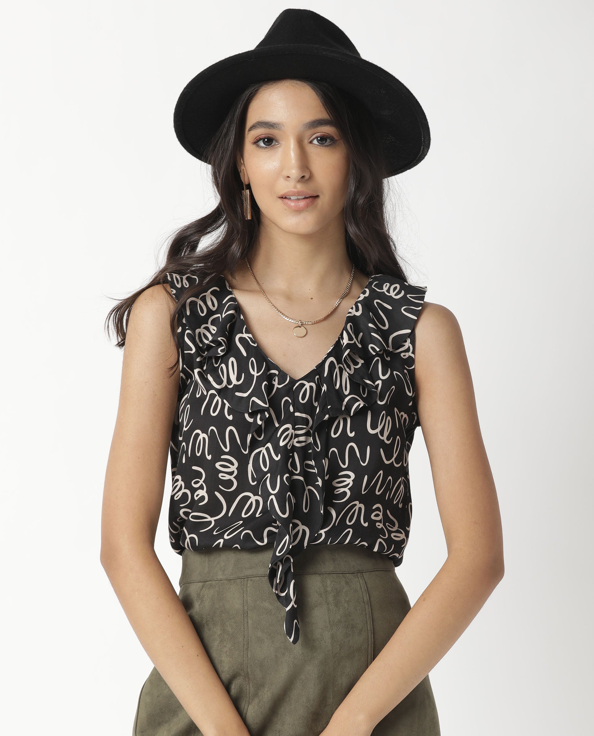 Rareism Women Curls Black Modal Satin Fabric Tailored Fit V-Neck Sleeveless Abstract Print Top